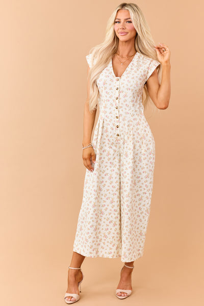 Cream Floral Print Twill Denim Button Down Jumpsuit