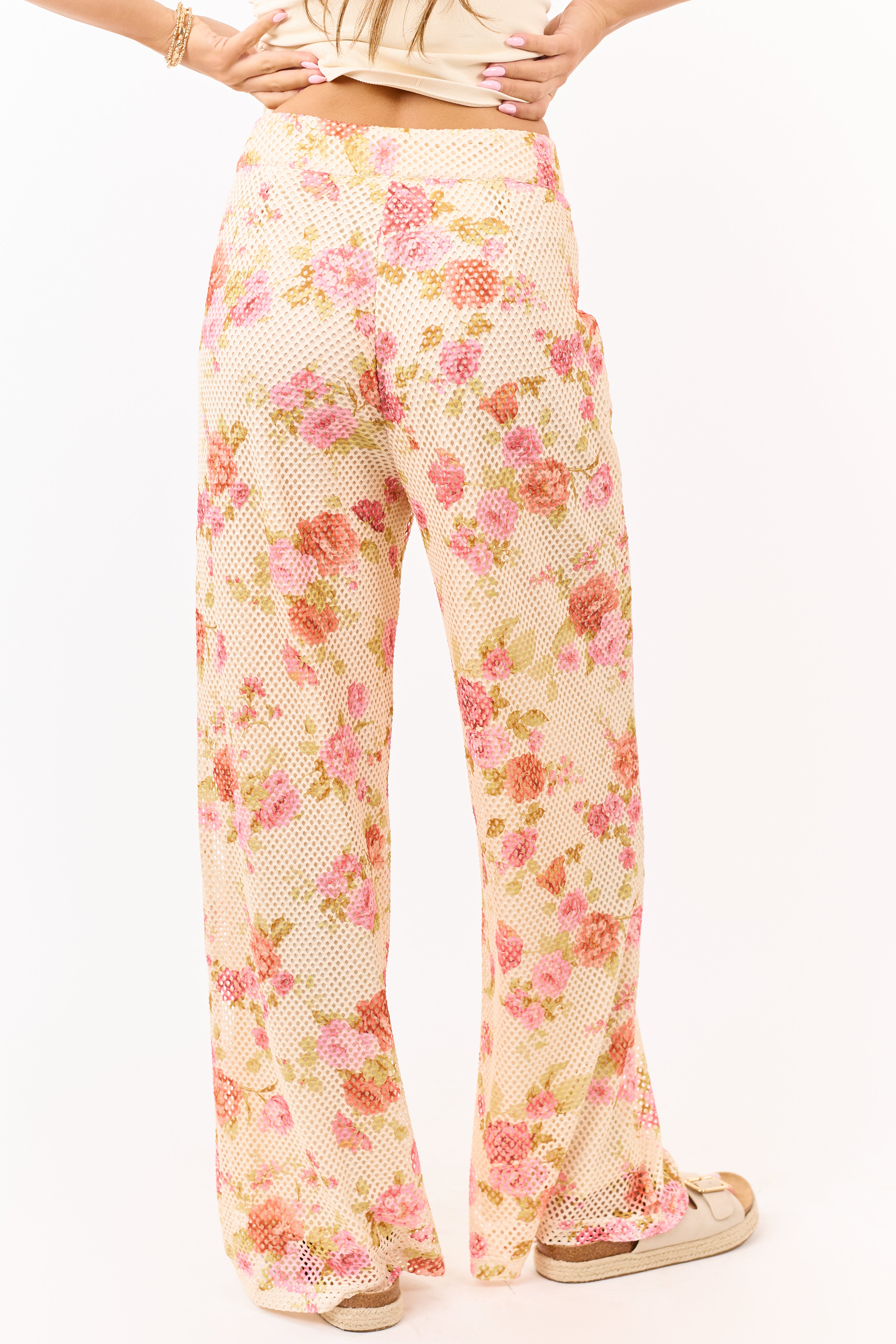 Cream Floral Print Wide Leg Scuba Knit Mesh Pants