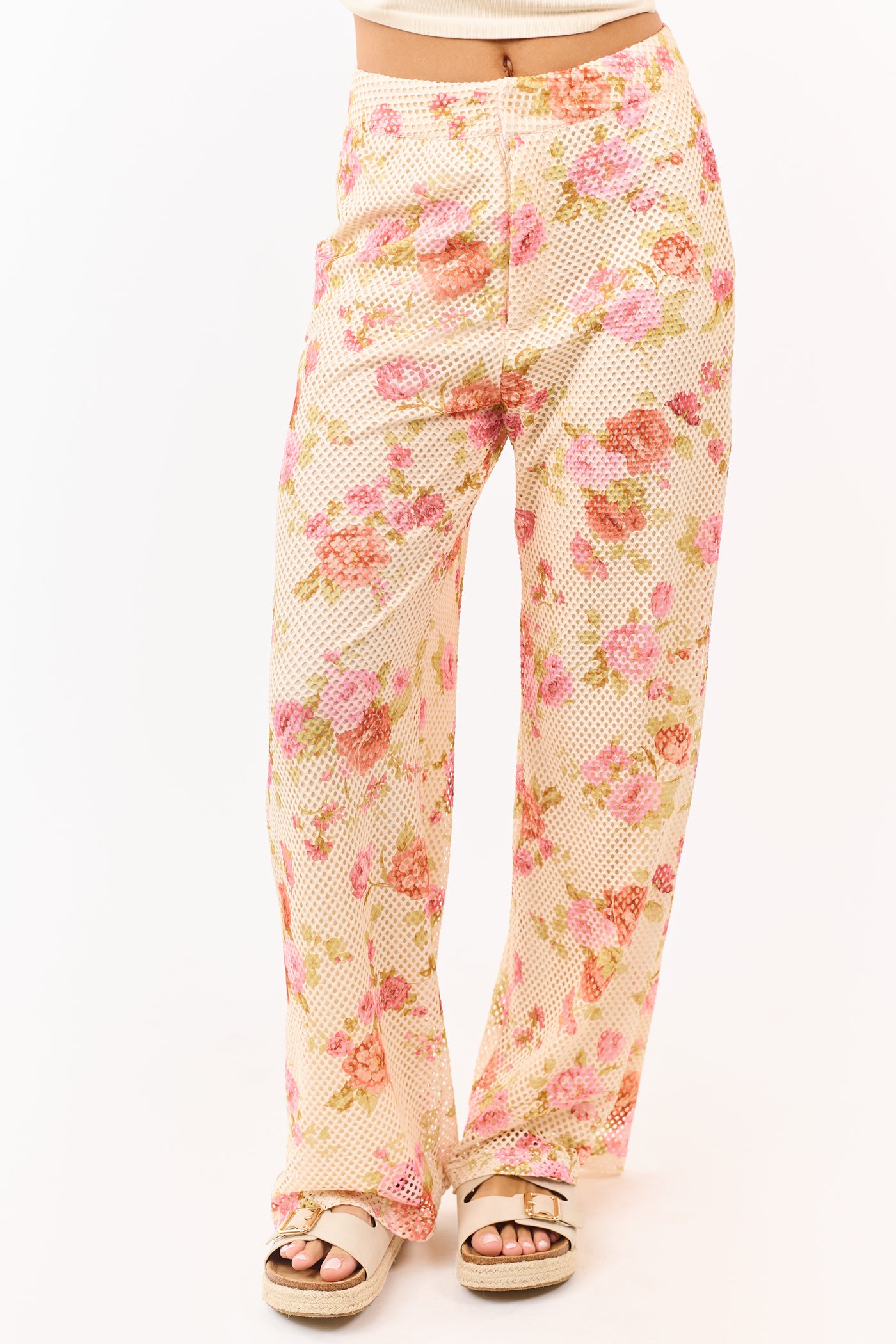 Cream Floral Print Wide Leg Scuba Knit Mesh Pants