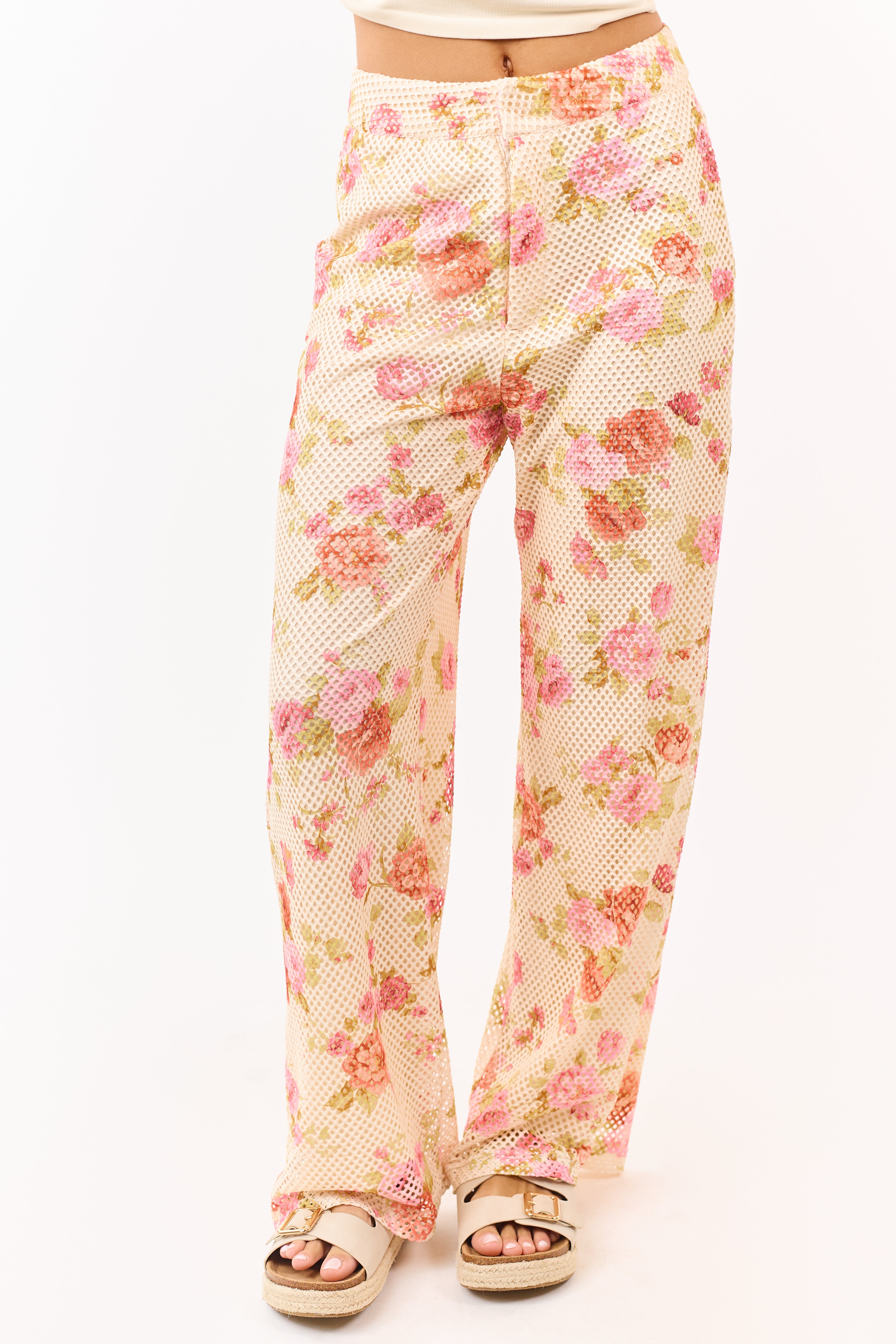 Cream Floral Print Wide Leg Scuba Knit Mesh Pants