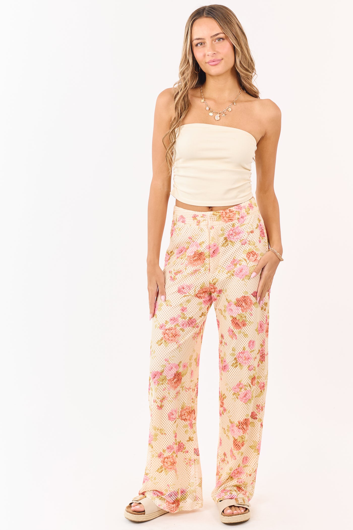 Cream Floral Print Wide Leg Scuba Knit Mesh Pants