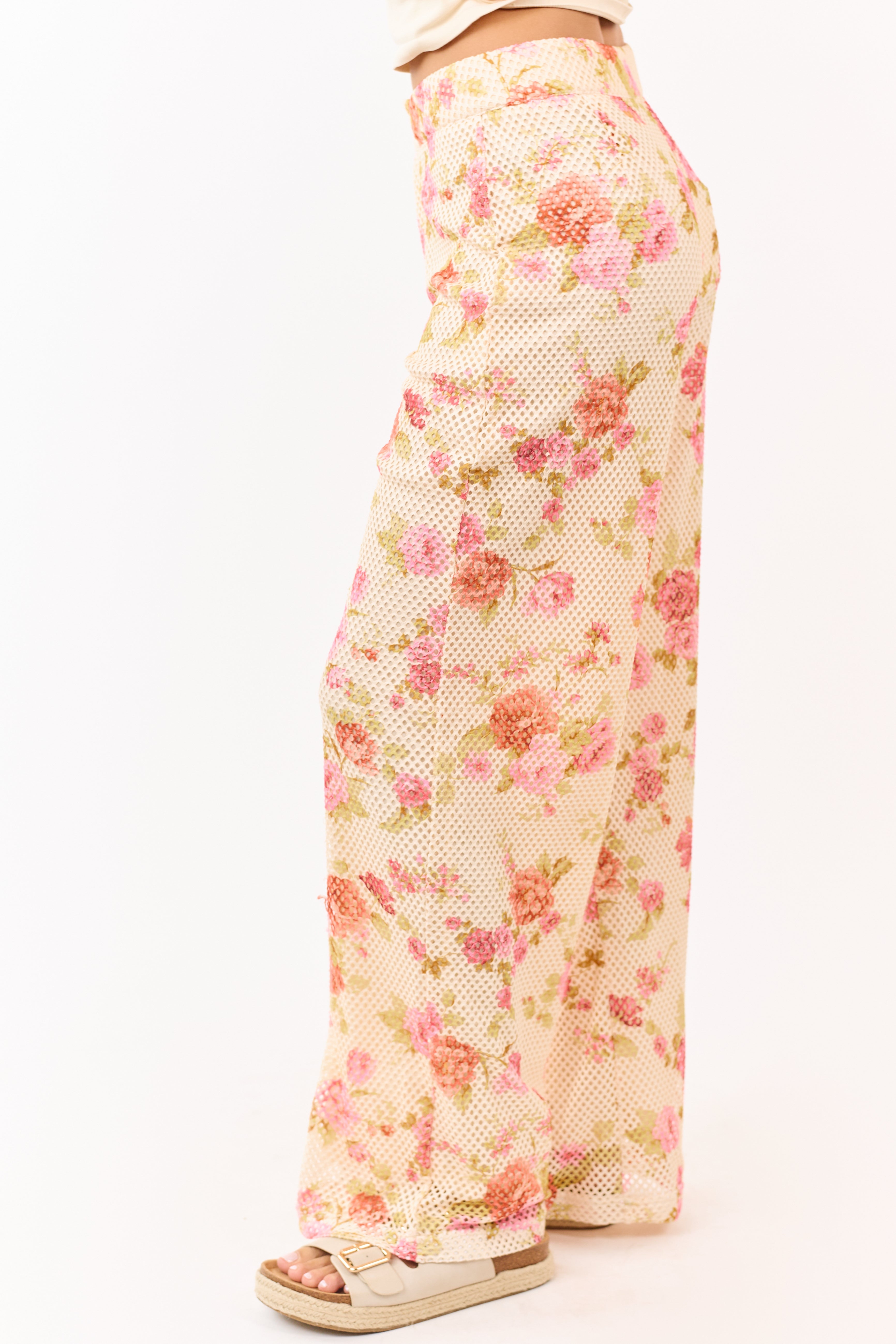Cream Floral Print Wide Leg Scuba Knit Mesh Pants