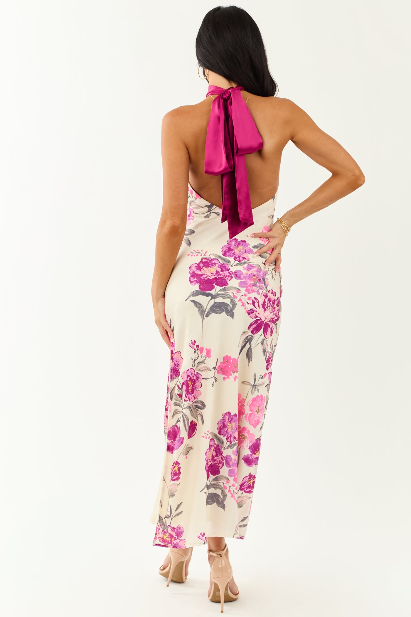 Cream Floral Satin Halter Neck Side Slit Maxi Dress Cream Floral Satin Halter Neck Side Slit Maxi Dress