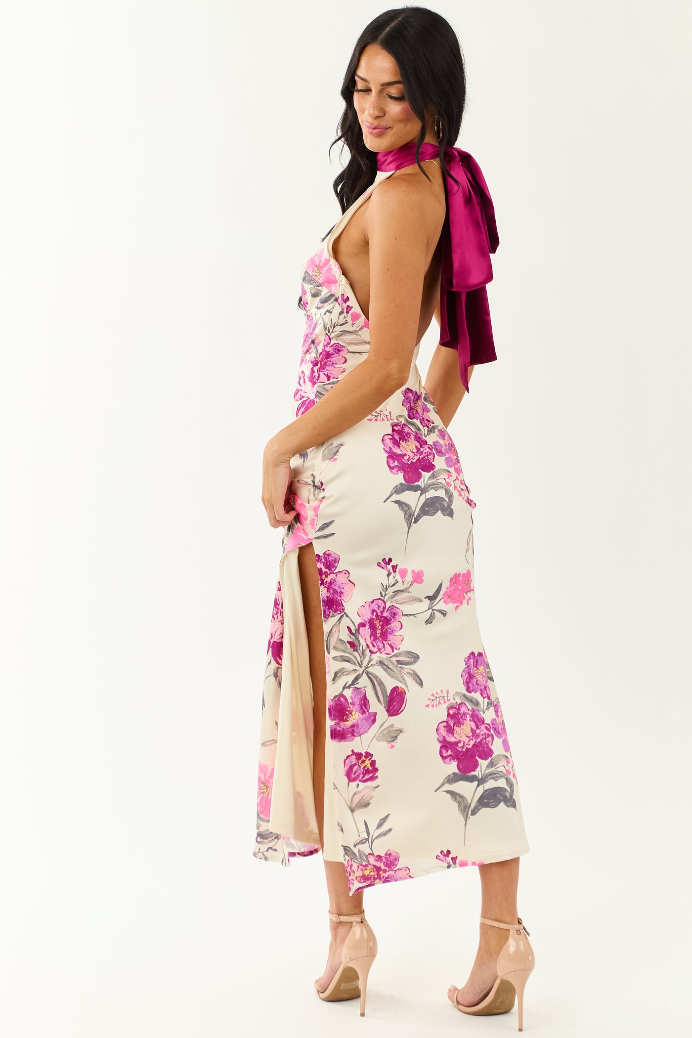 cream floral rose detail satin maxi dress Satin Floral Maxi Dress With Front Tie Detail by Bailey Rose