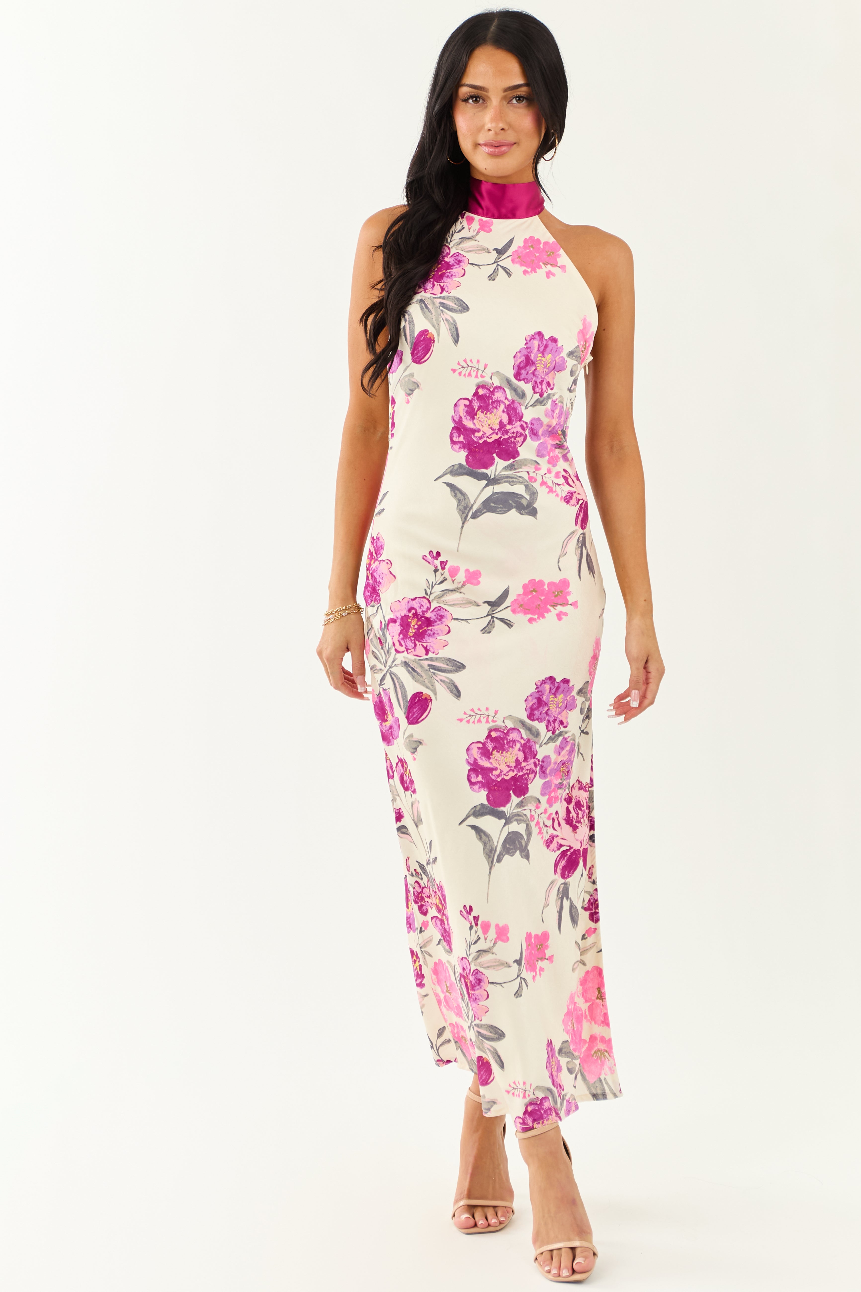 Cream Floral Satin Halter Neck Side Slit Maxi Dress Cream Floral Satin Halter Neck Side Slit Maxi Dress