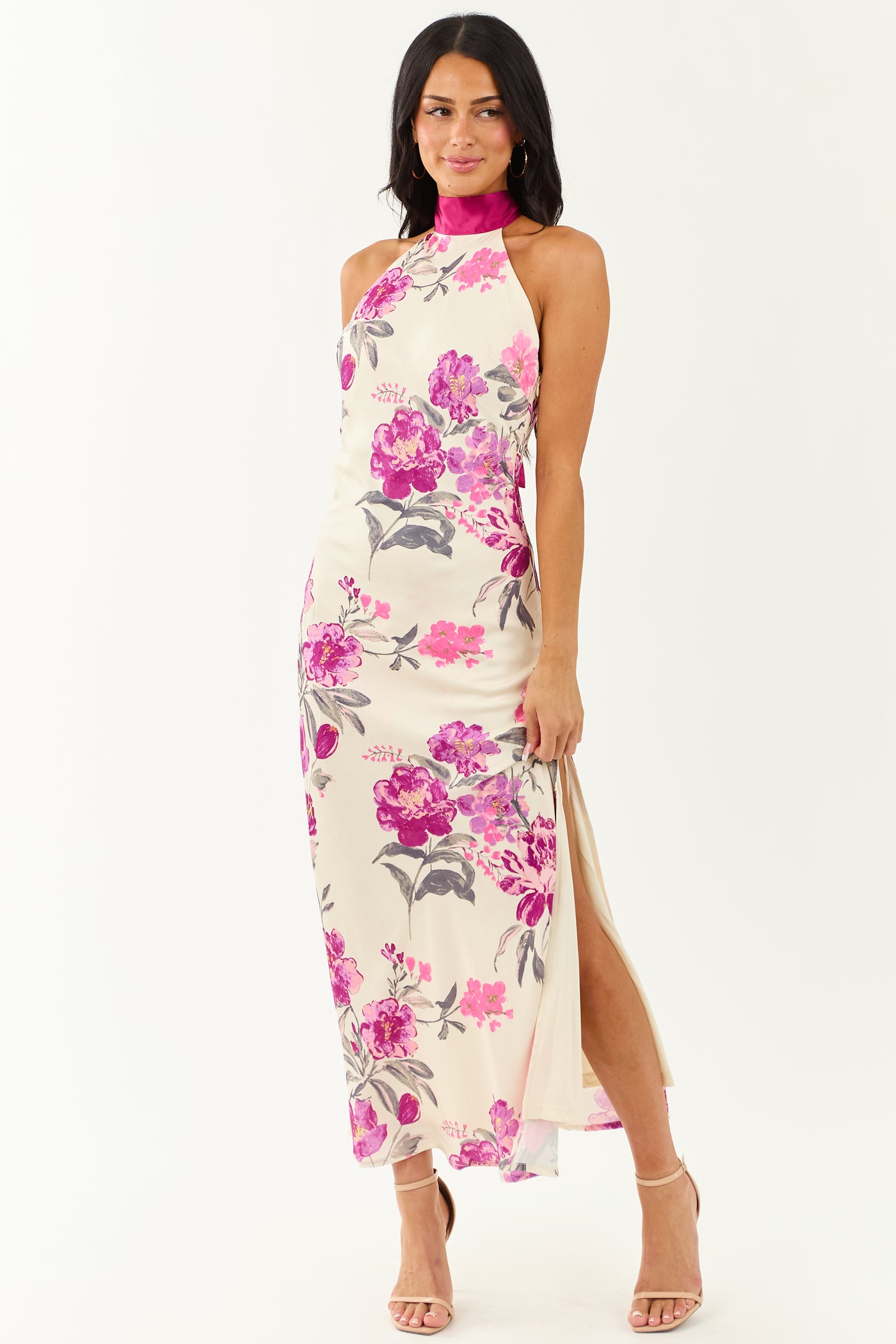 Cream Floral Satin Halter Neck Side Slit Maxi Dress | Lime Lush Boutique Cream Floral Satin Halter Neck Side Slit Maxi Dress | Lime Lush Boutique