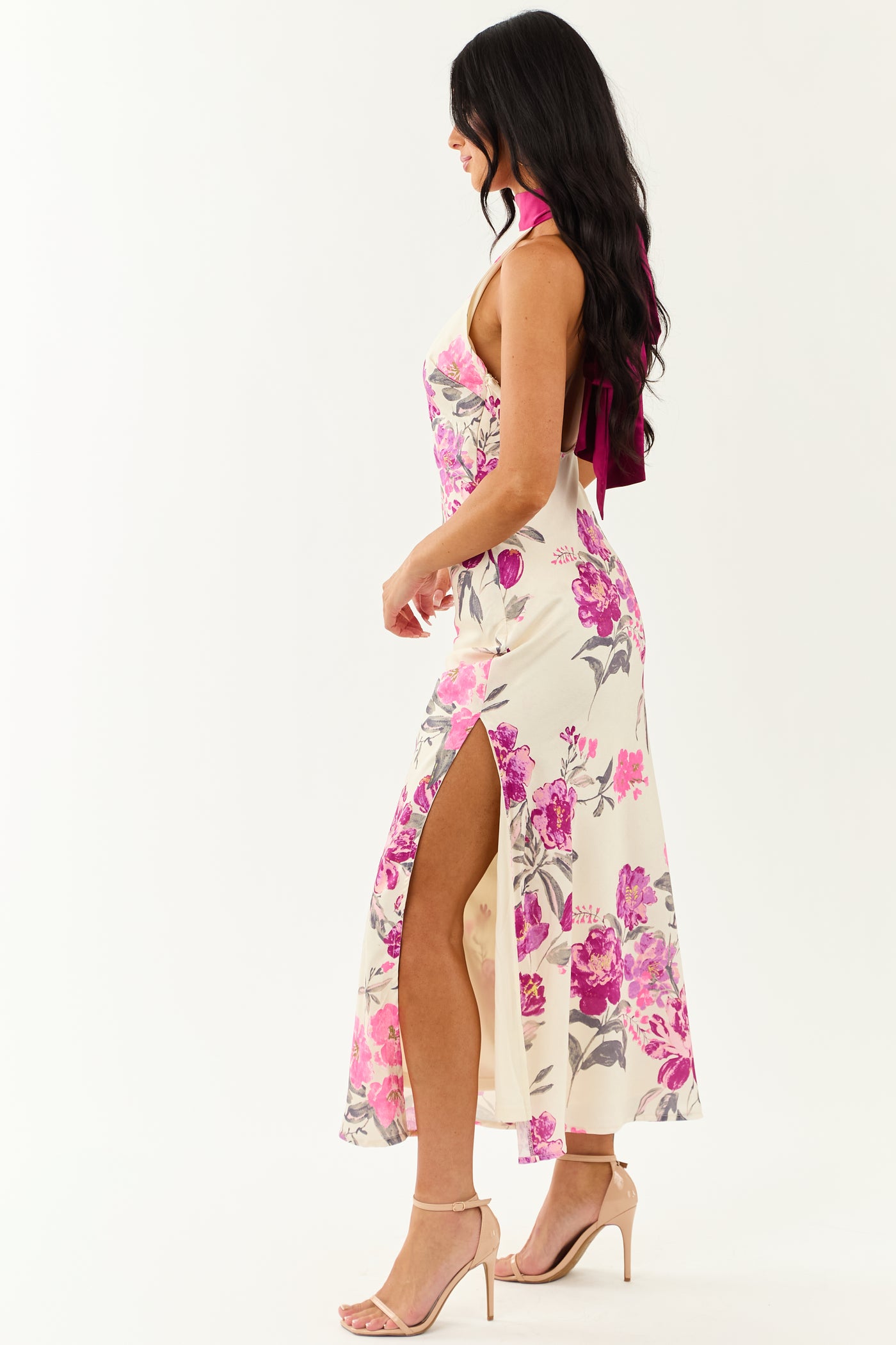 Cream Floral Satin Halter Neck Side Slit Maxi Dress Cream Floral Satin Halter Neck Side Slit Maxi Dress
