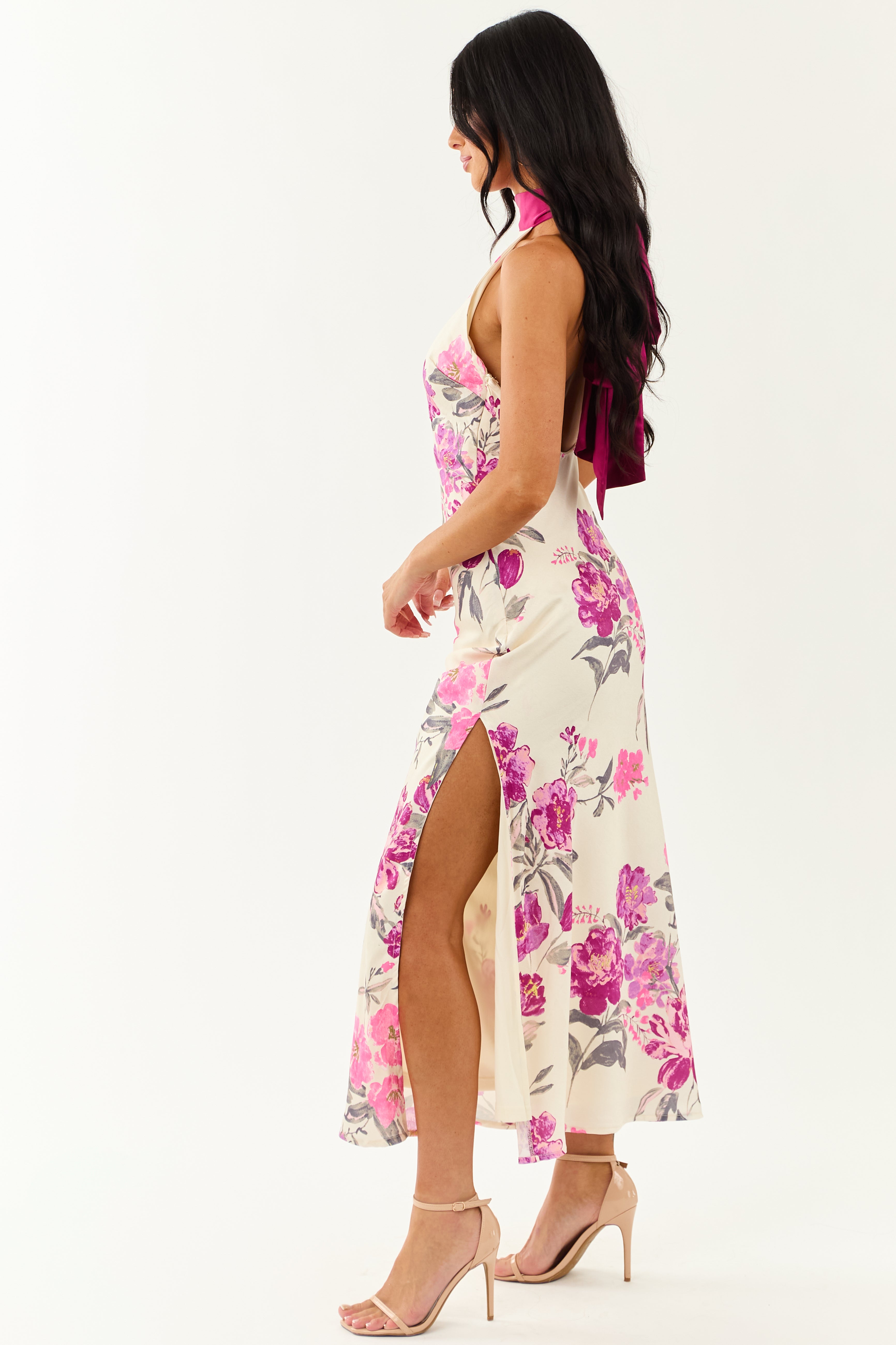 Cream Floral Satin Halter Neck Side Slit Maxi Dress Cream Floral Satin Halter Neck Side Slit Maxi Dress