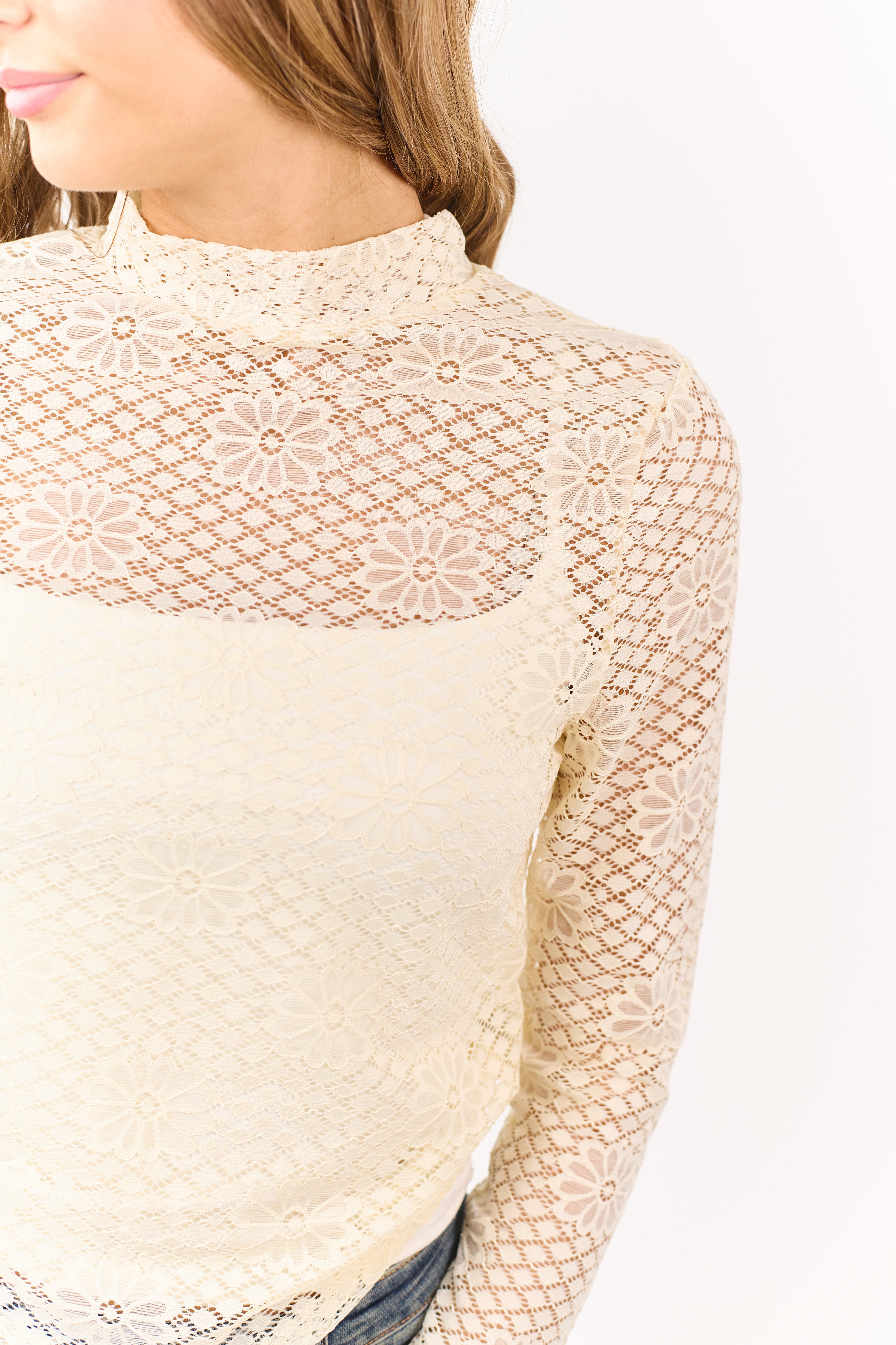 Cream Floral Sheer Lace Mock Neck Long Sleeve Top | Lime Lush Boutique