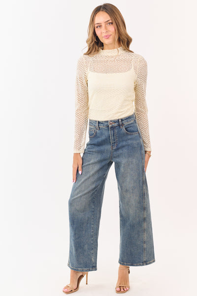 Cream Floral Sheer Lace Mock Neck Long Sleeve Top