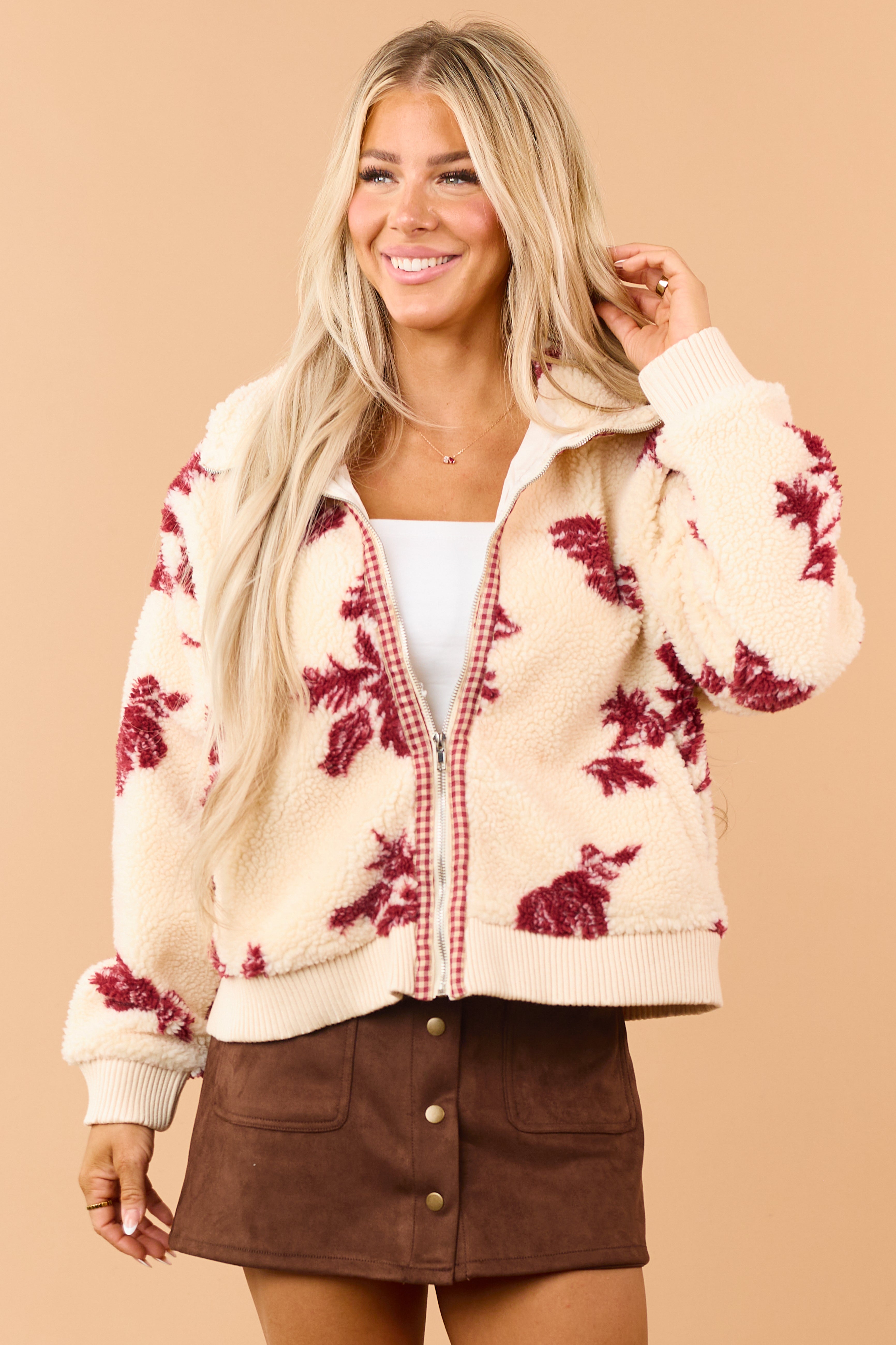 Cream Floral Sherpa Gingham Trim Bomber Jacket | Lime Lush Boutique