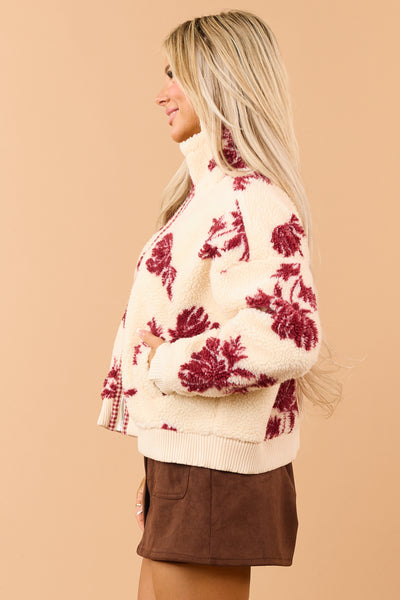 Cream Floral Sherpa Gingham Trim Bomber Jacket