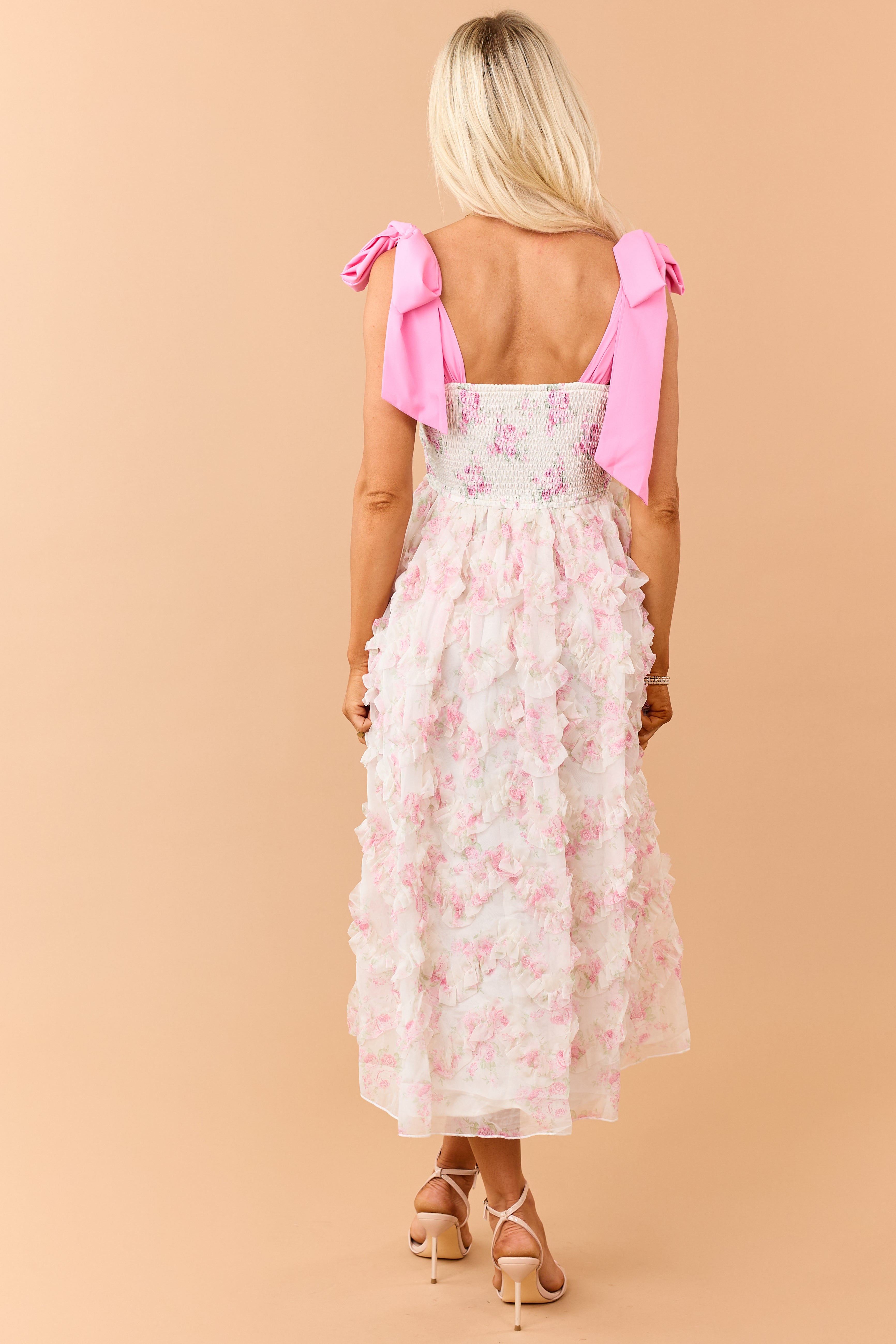 Cream Floral Smocked Bodice Ruffle Skirt Midi Dress