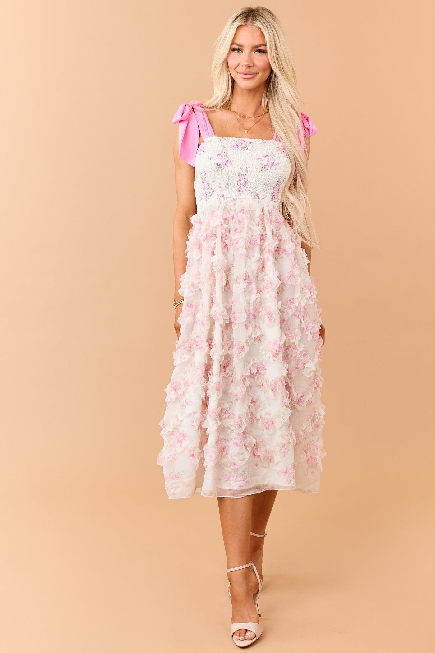 midi dress with smocked bodice Cream Floral Smocked Bodice Ruffle Skirt Midi Dress