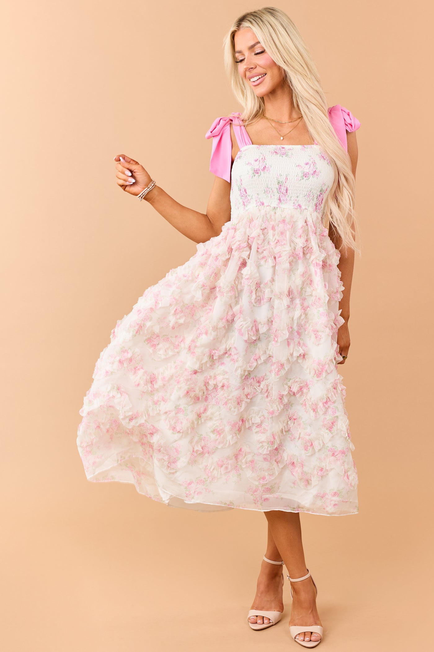 smocked bodice dress Cream Floral Smocked Bodice Ruffle Skirt Midi Dress