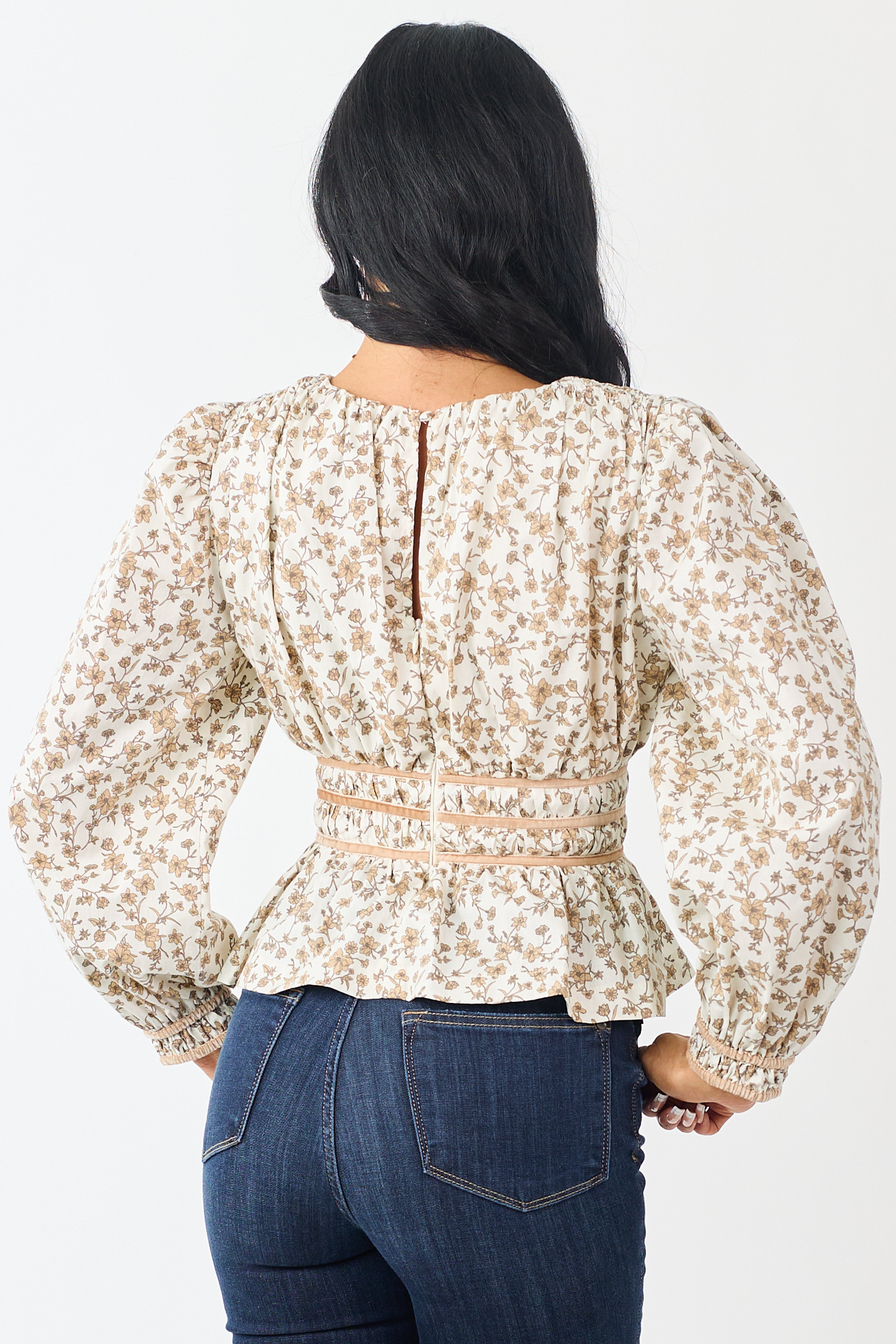 Cream Floral Smocked Waist Peplum Cotton Top