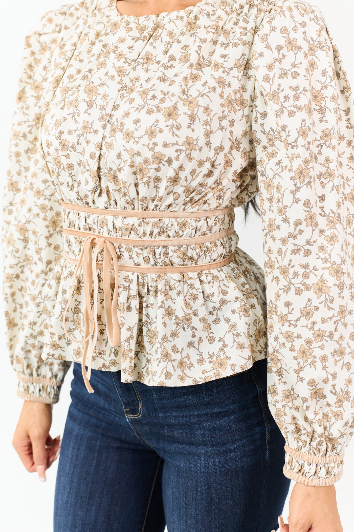 Cream Floral Smocked Waist Peplum Cotton Top