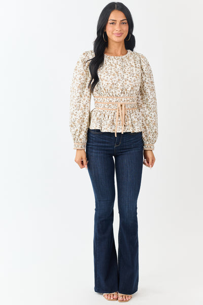 Cream Floral Smocked Waist Peplum Cotton Top
