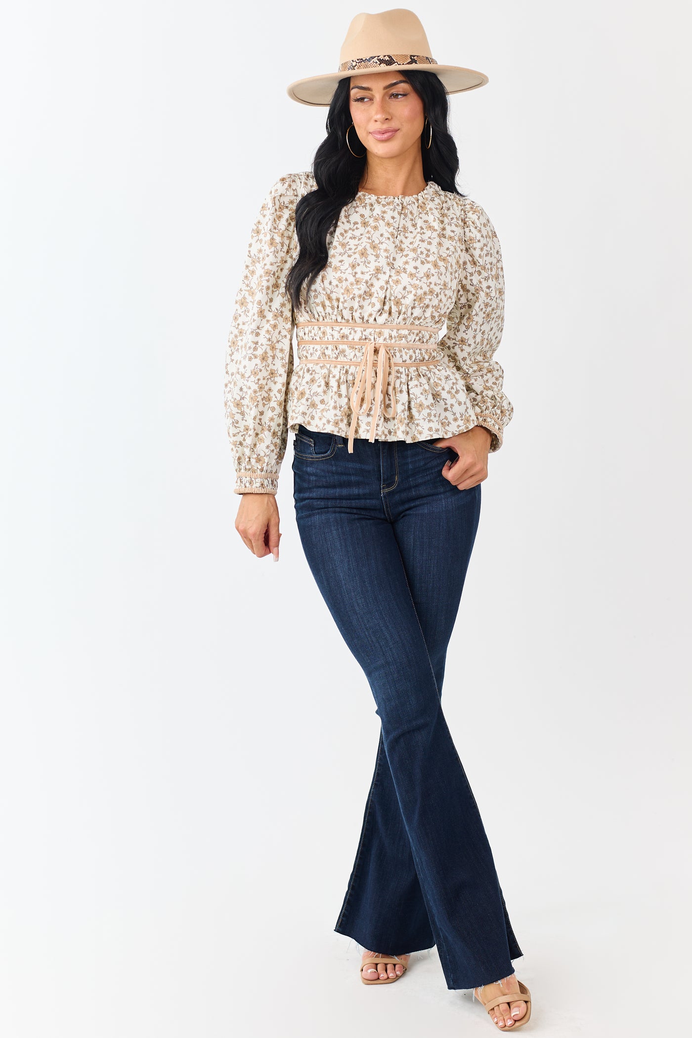 Cream Floral Smocked Waist Peplum Cotton Top