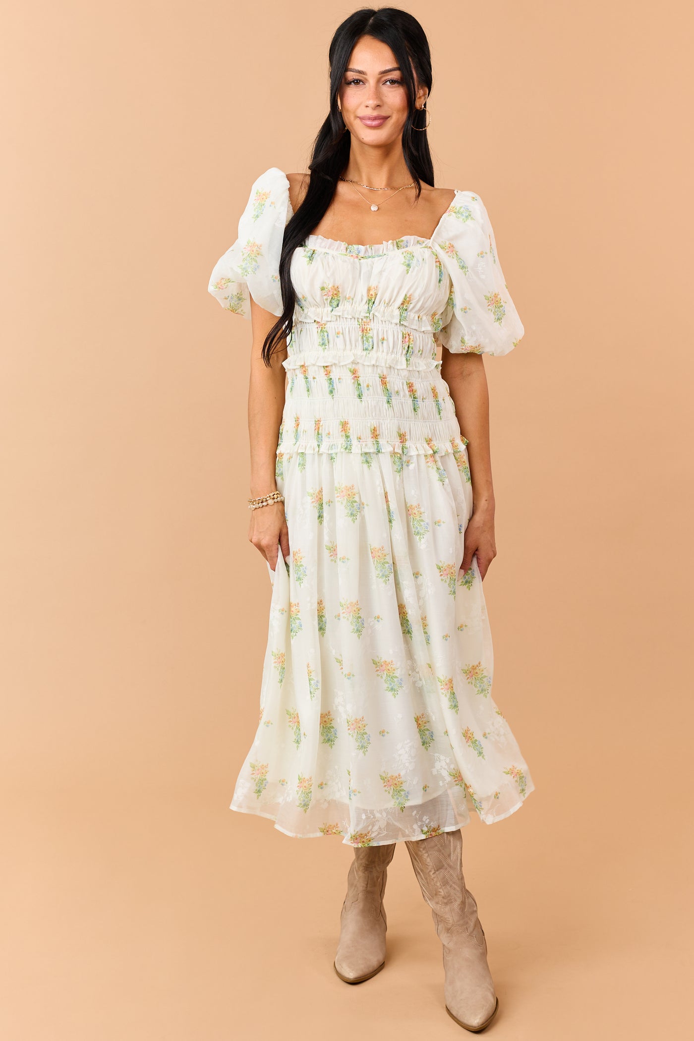 Cream Floral Smocked Waist Ruffle Trim Midi Dress