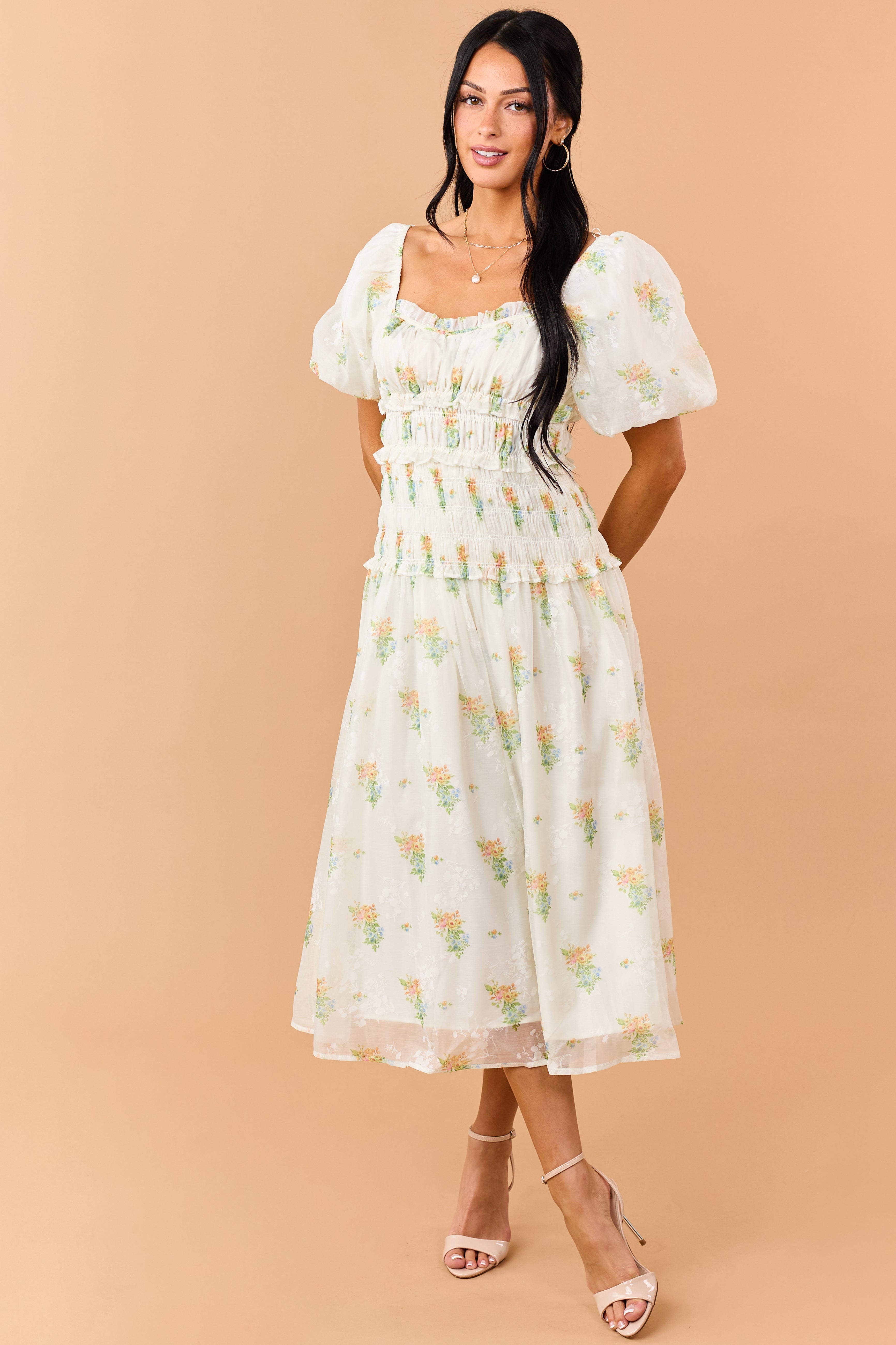smocked waist midi dress Cream Floral Smocked Waist Ruffle Trim Midi Dress