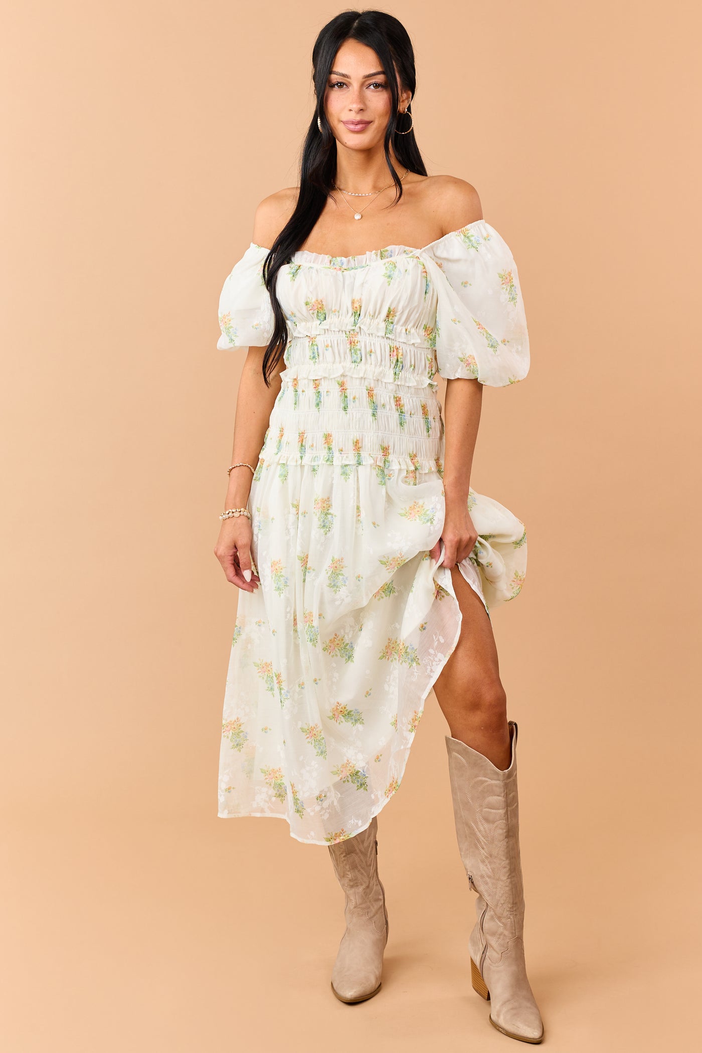 ruffle trim midi dress Rust Smocked Crochet Ruffle Trim Midi Dress