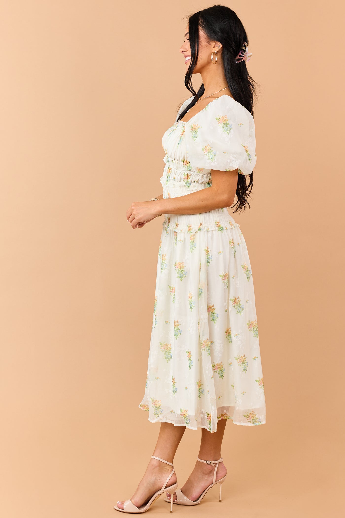 Cream Floral Smocked Waist Ruffle Trim Midi Dress
