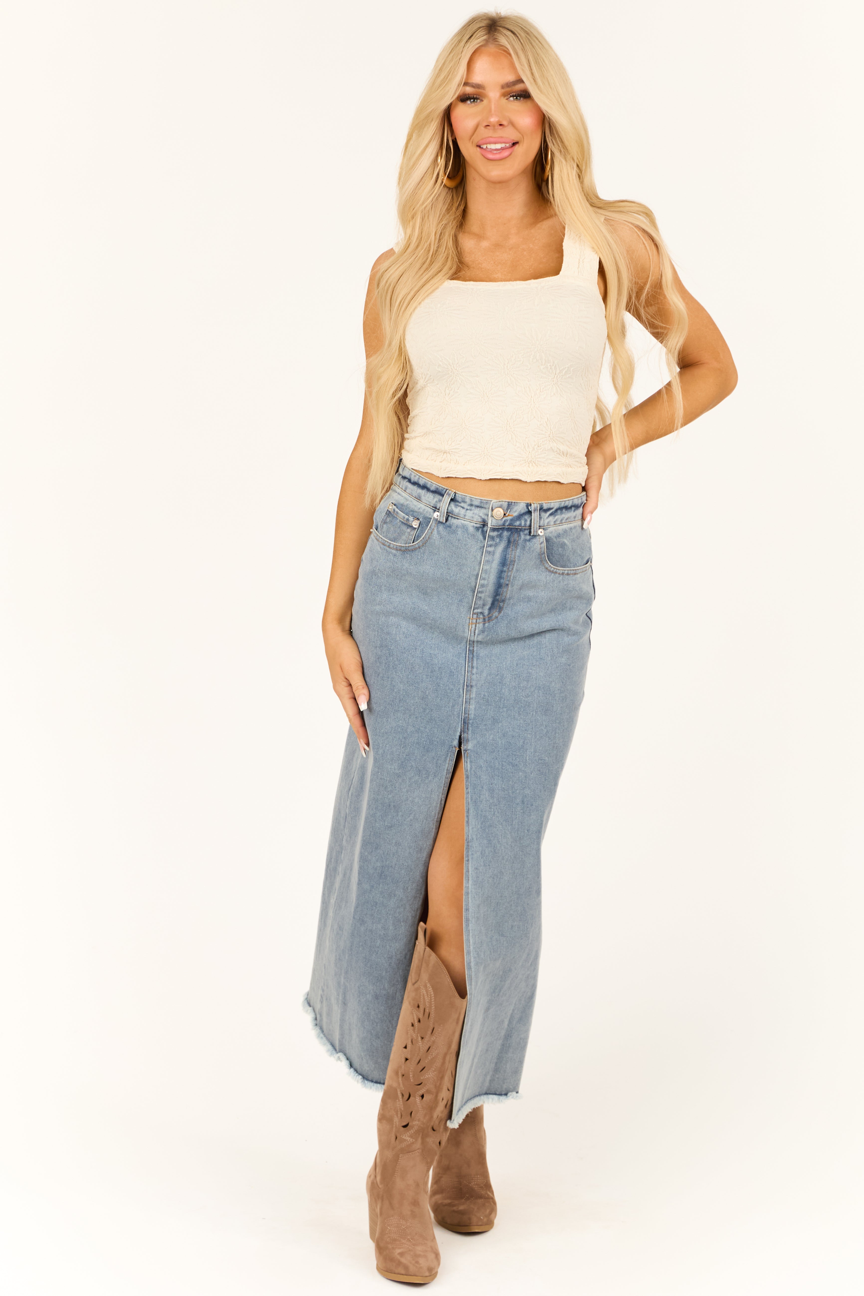 Cream Floral Textured Cropped Tank Top | Lime Lush Boutique
