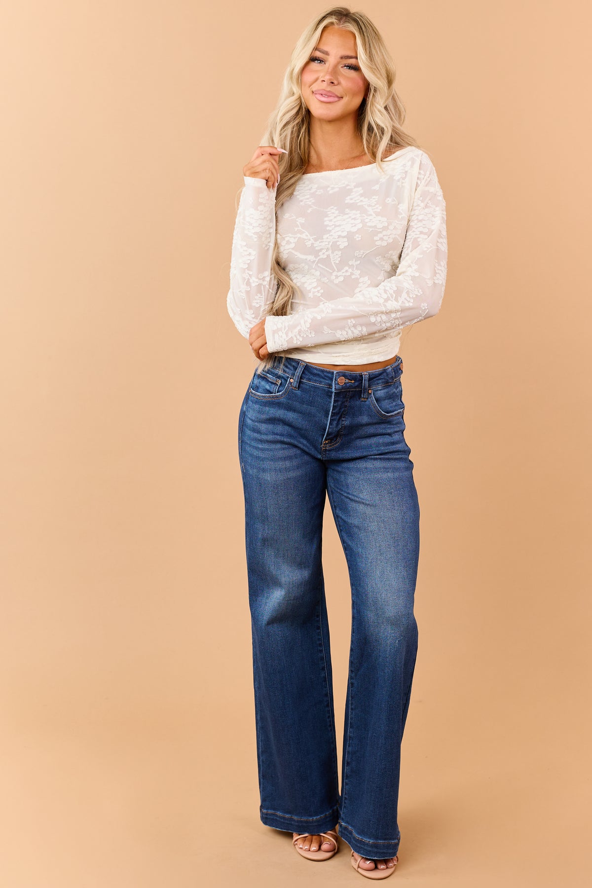 Cream Floral Textured Sheer Lace Boatneck Top