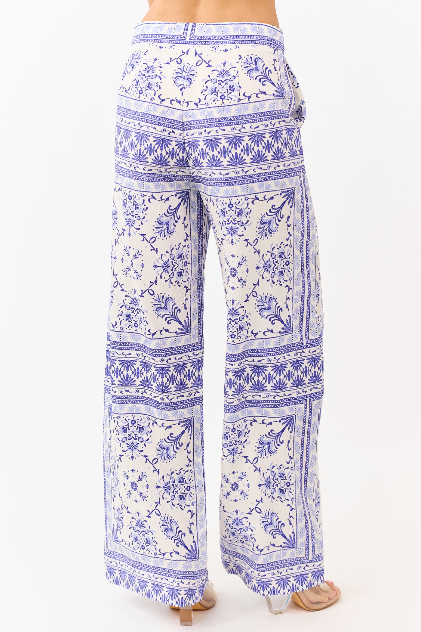Cream Floral Tile Print Lightweight Wide Leg Pants