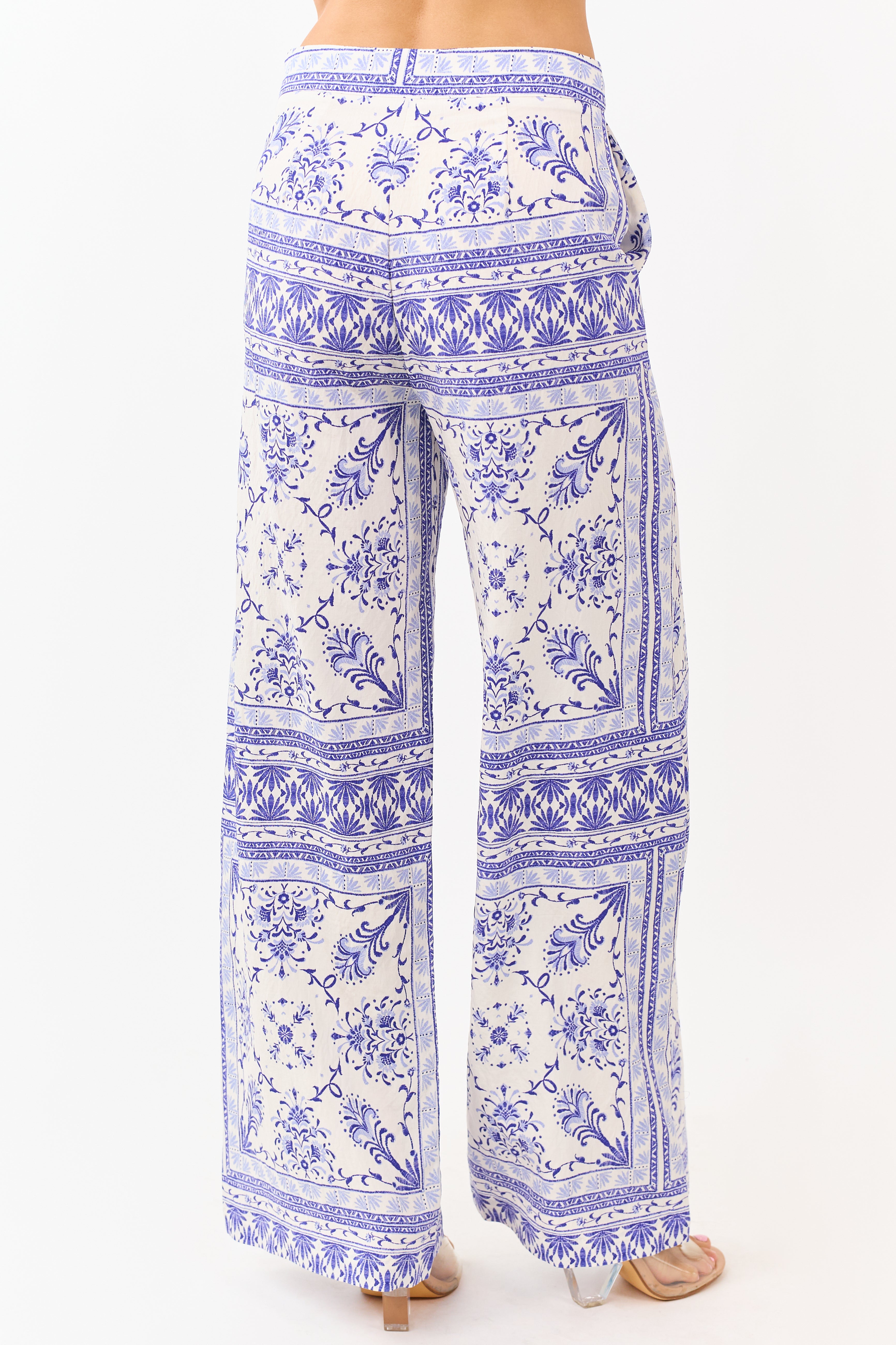 Cream Floral Tile Print Lightweight Wide Leg Pants