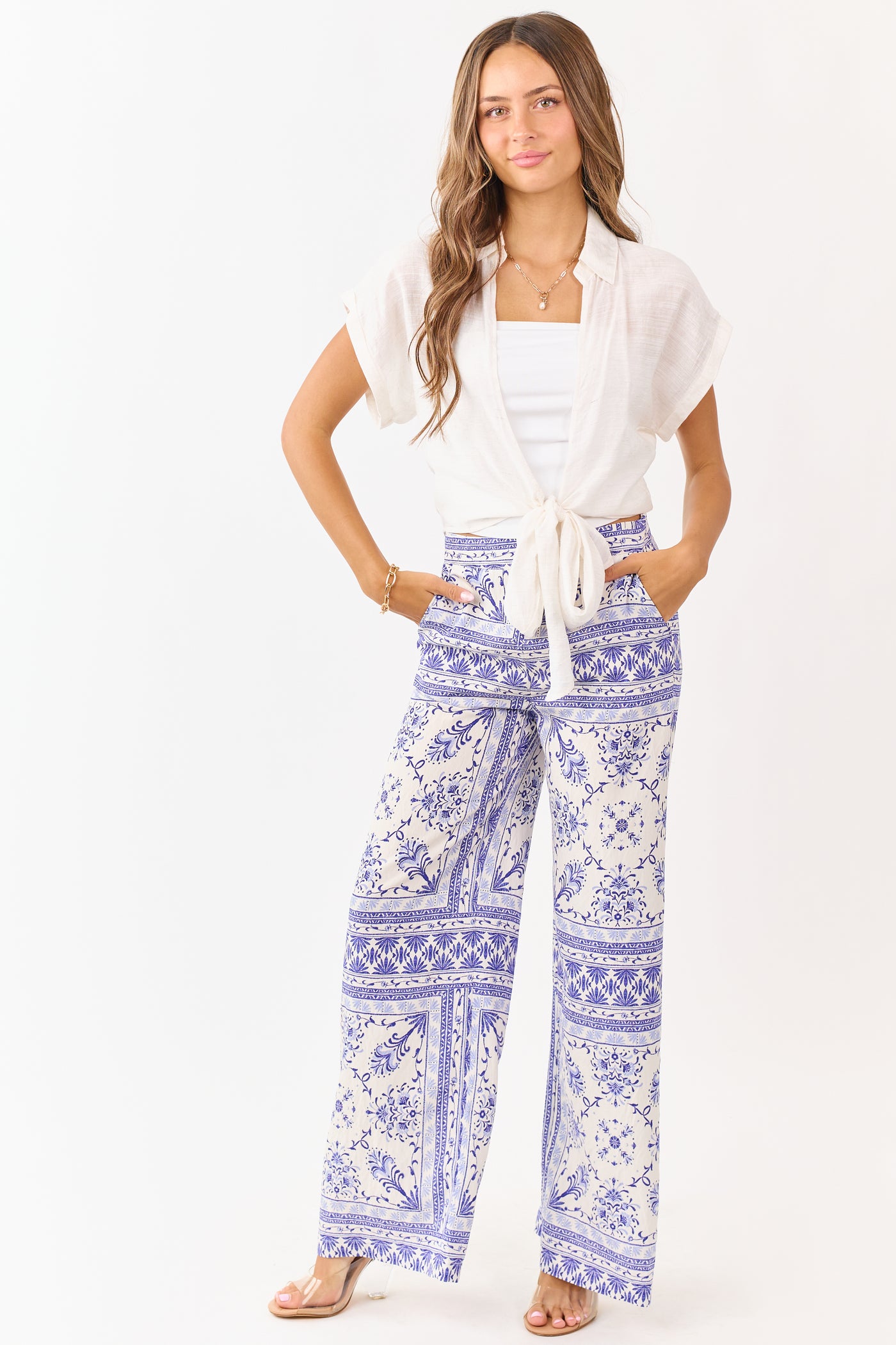 Cream Floral Tile Print Lightweight Wide Leg Pants