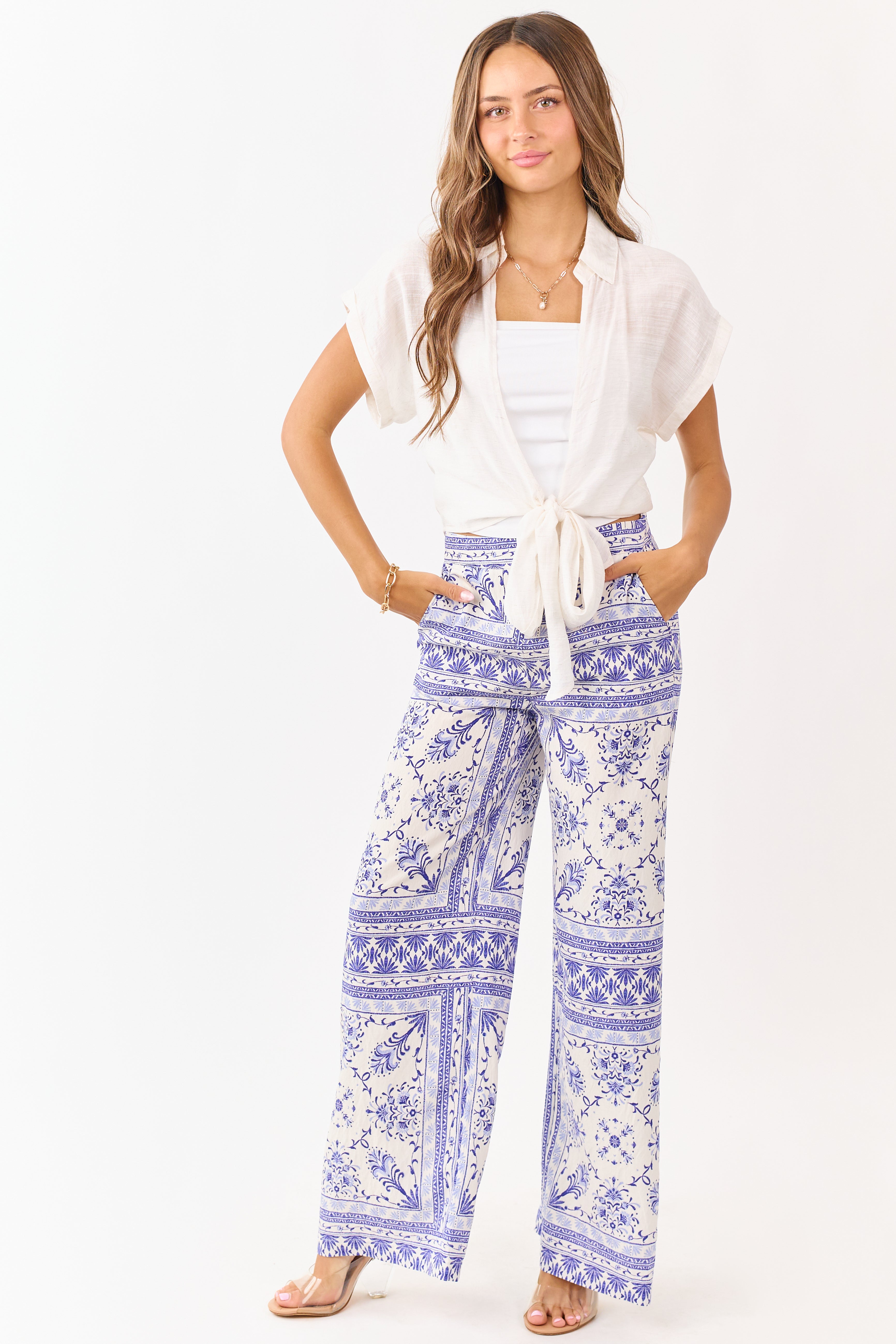 Cream Floral Tile Print Lightweight Wide Leg Pants