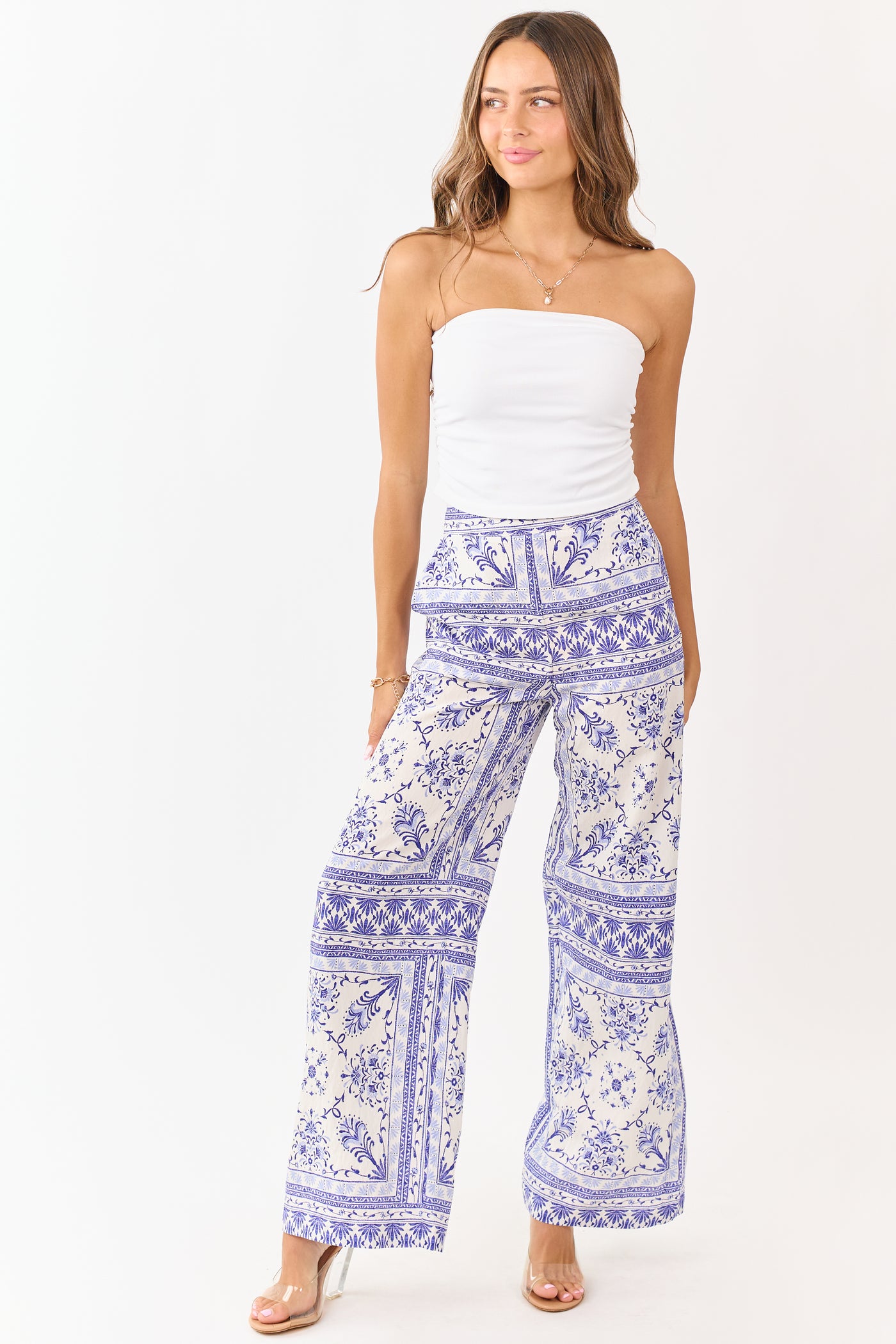 Cream Floral Tile Print Lightweight Wide Leg Pants