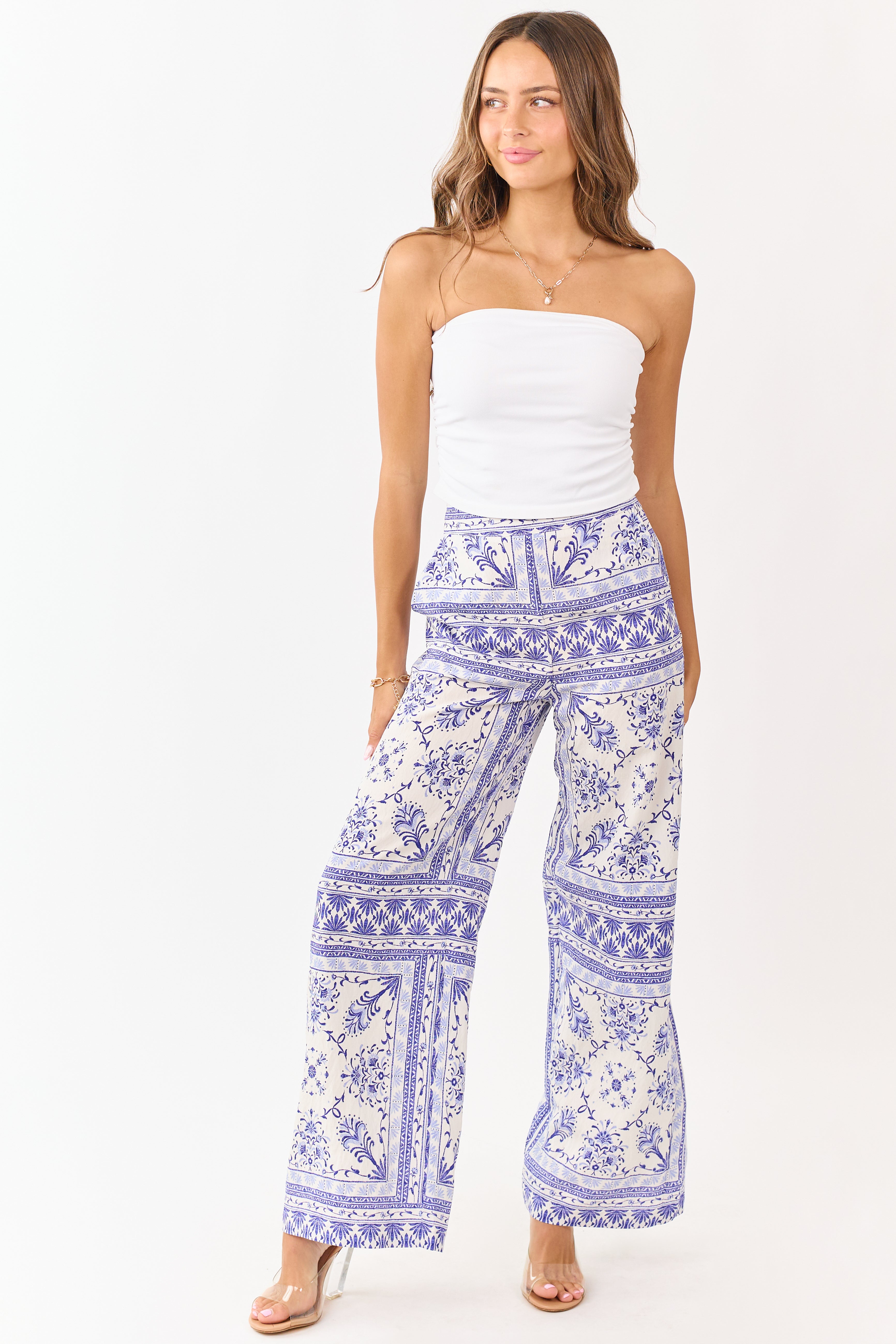 Cream Floral Tile Print Lightweight Wide Leg Pants