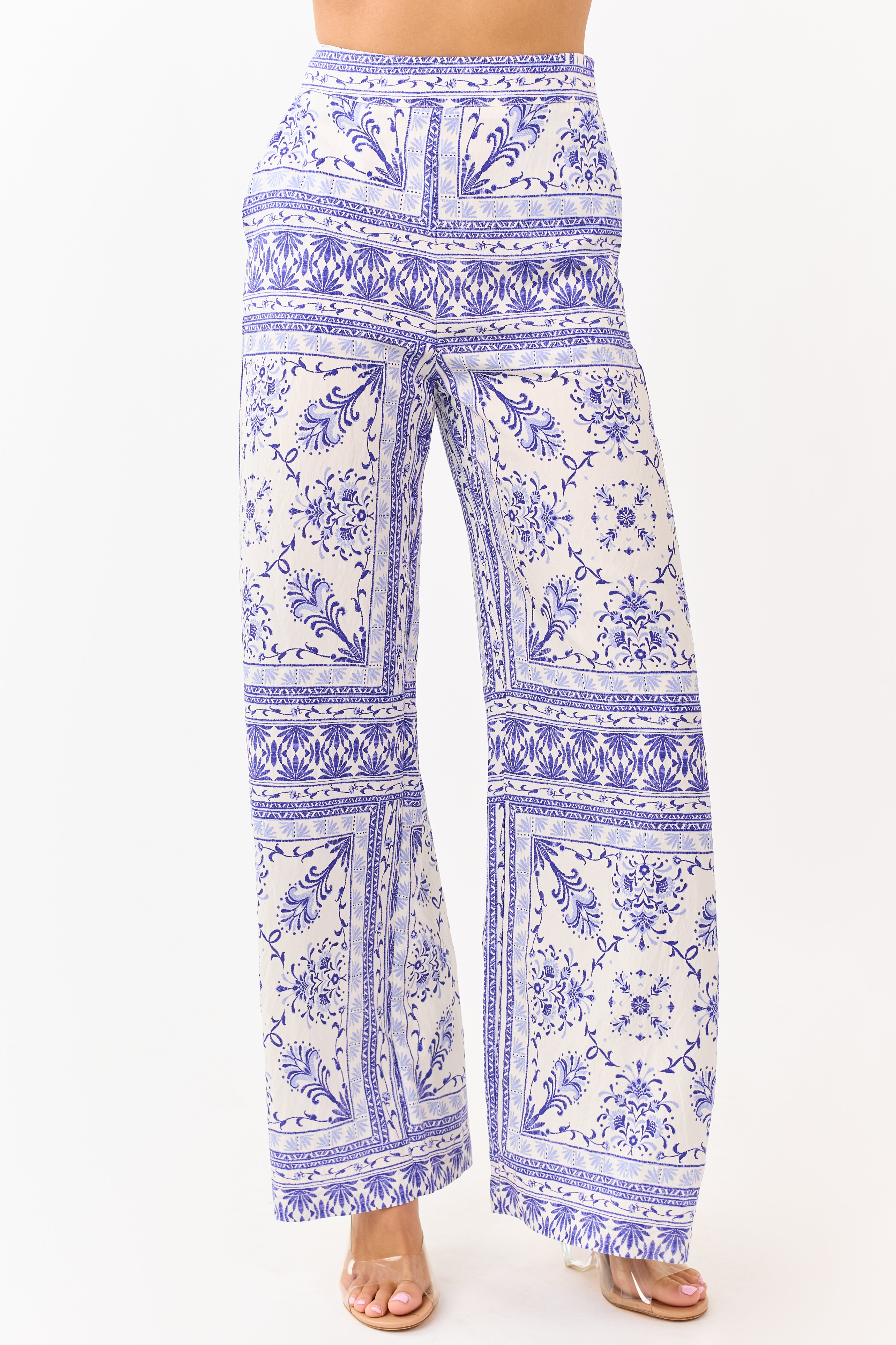 Cream Floral Tile Print Lightweight Wide Leg Pants