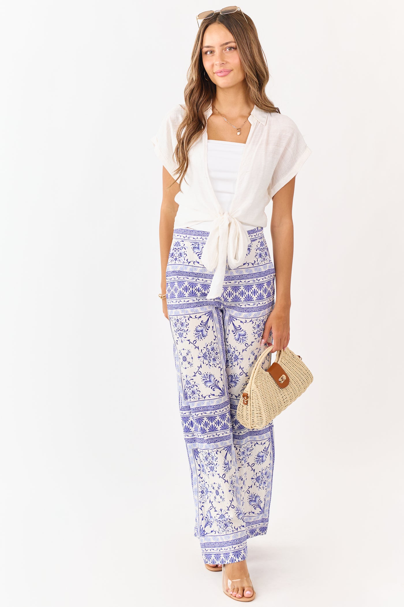 Cream Floral Tile Print Lightweight Wide Leg Pants
