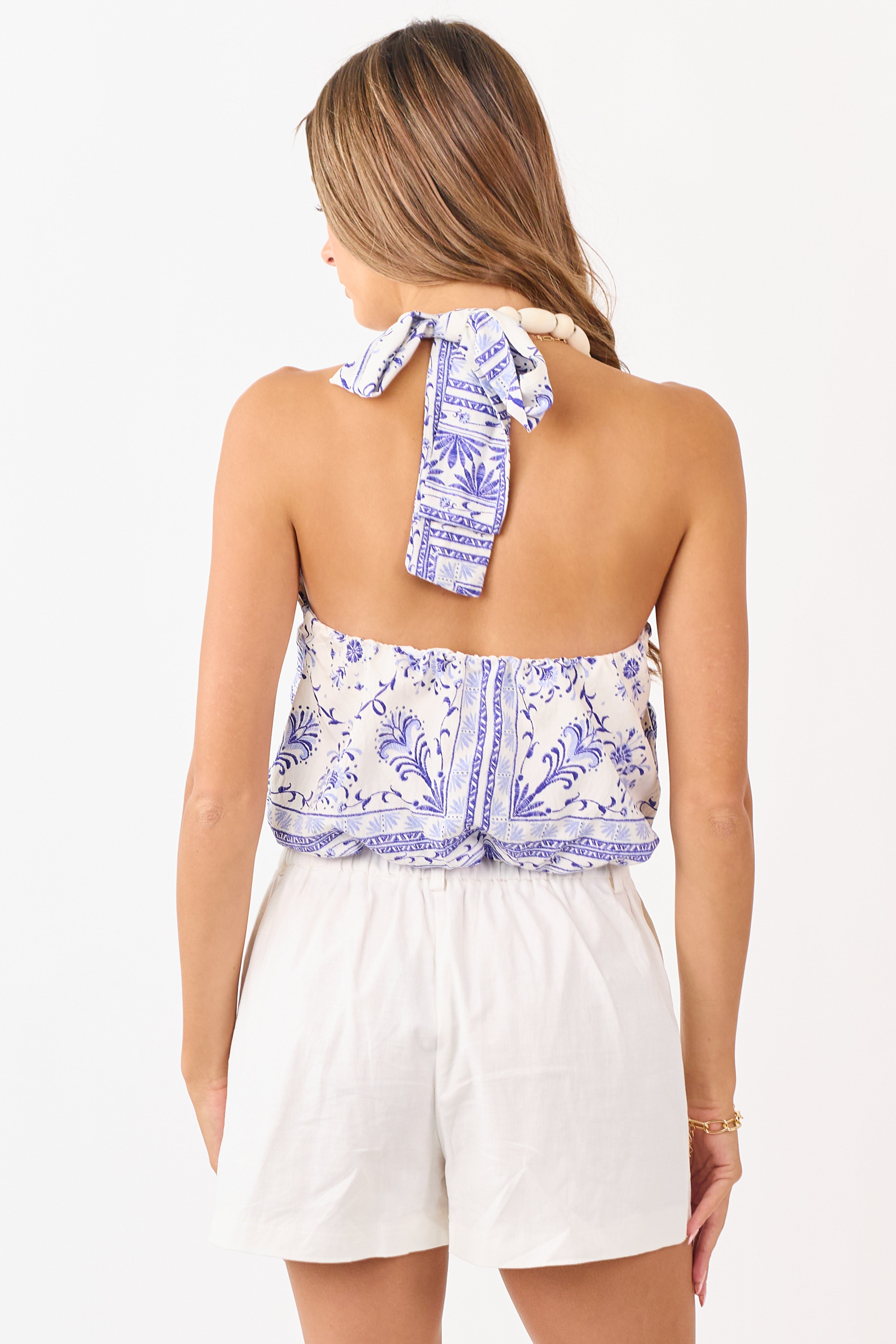 Cream Floral Tile Print Wooden Beaded Halter Top