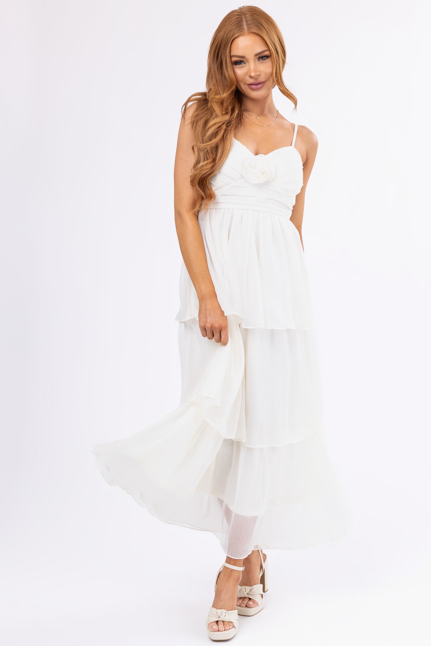 Cream Flower Detail Ruffle Tiered Chiffon Dress - S Cream Flower Detail Ruffle Tiered Chiffon Dress - S