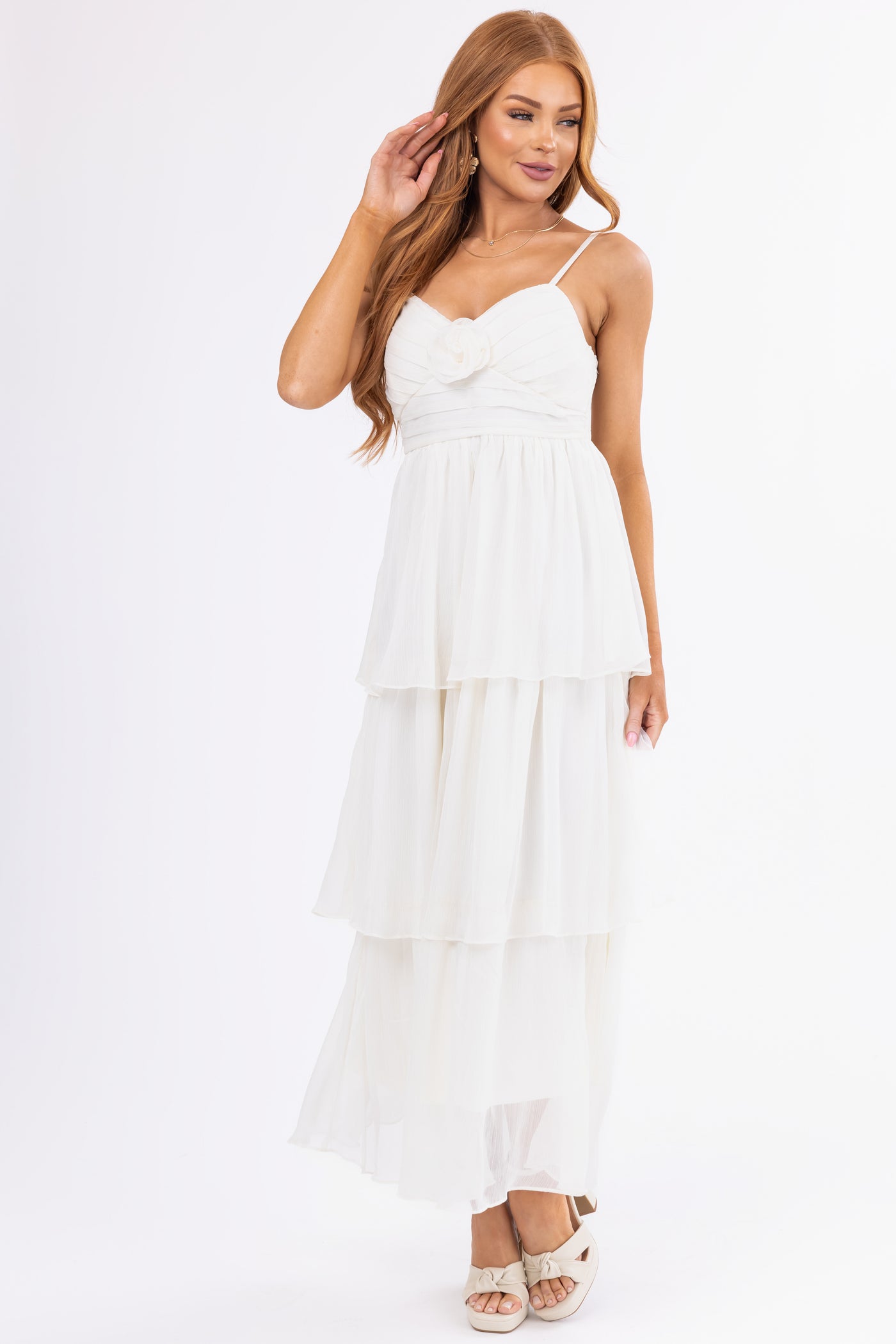 Cream Flower Detail Ruffle Tiered Chiffon Dress Cream Flower Detail Ruffle Tiered Chiffon Dress