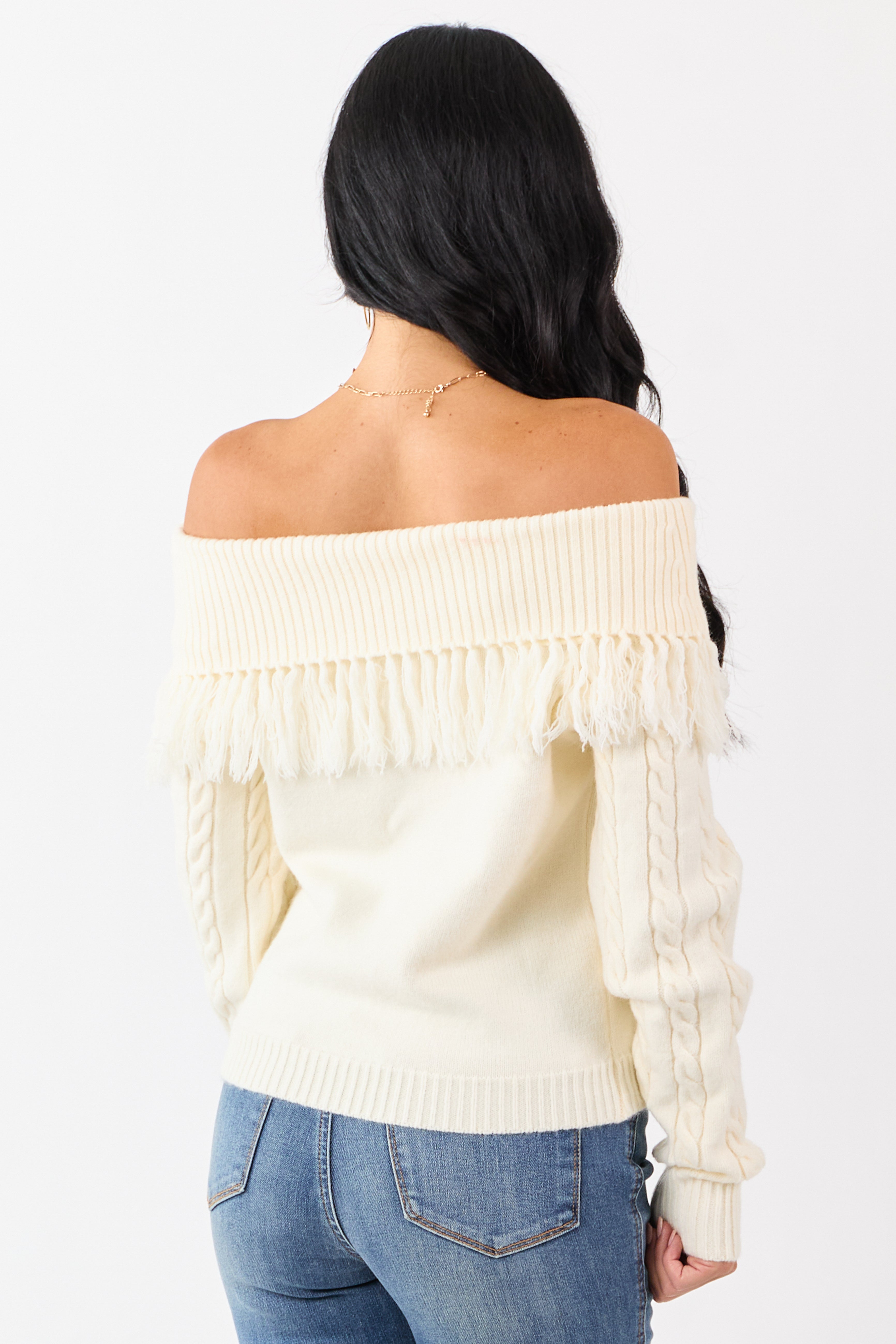 Cream Fold Over Fringe Neckline Off Shoulder Sweater | Lime Lush