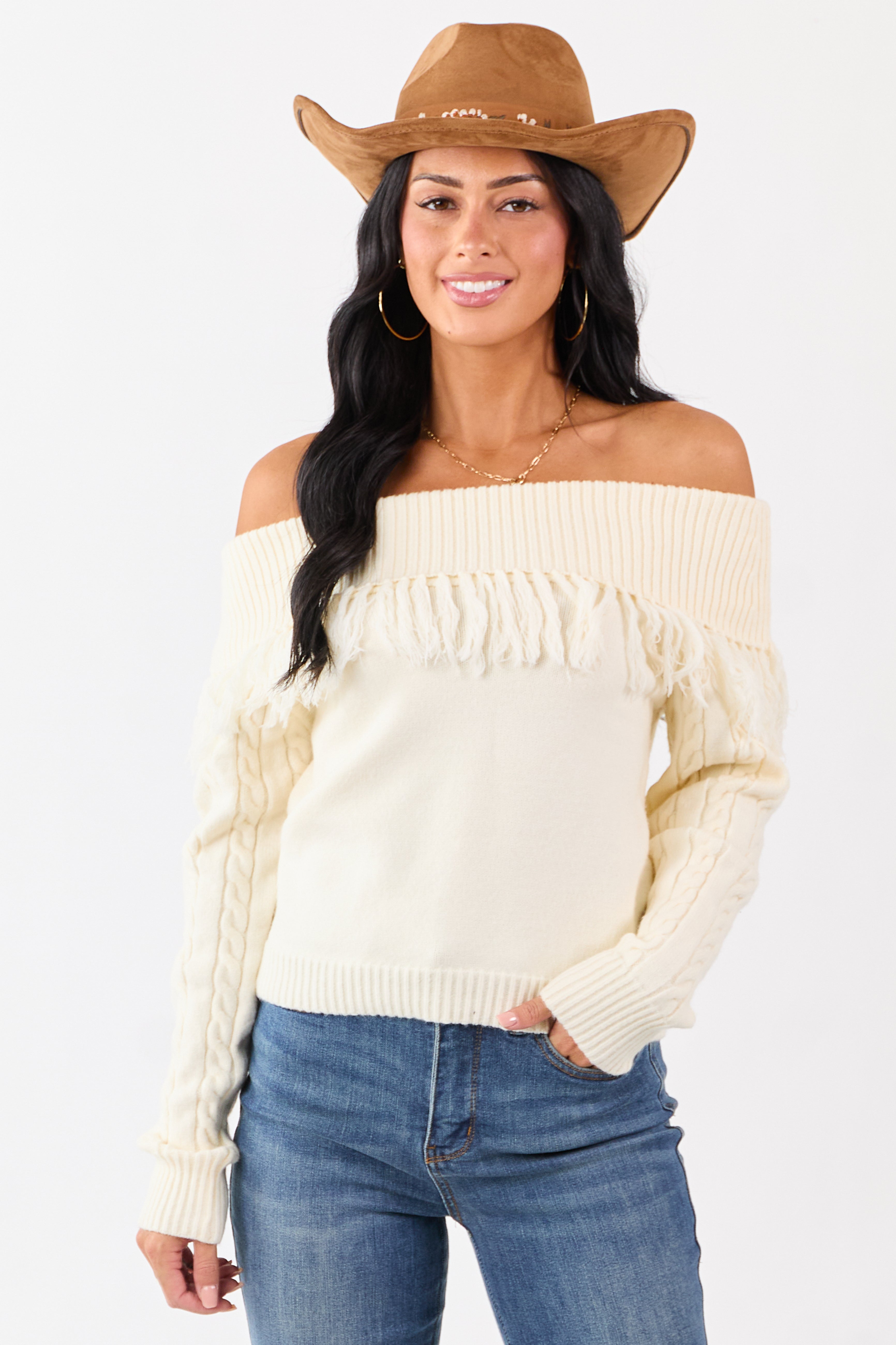 Cream Fold Over Fringe Neckline Off Shoulder Sweater