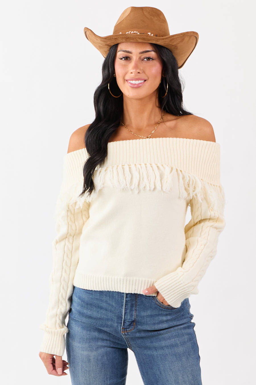Cream Fold Over Fringe Neckline Off Shoulder Sweater