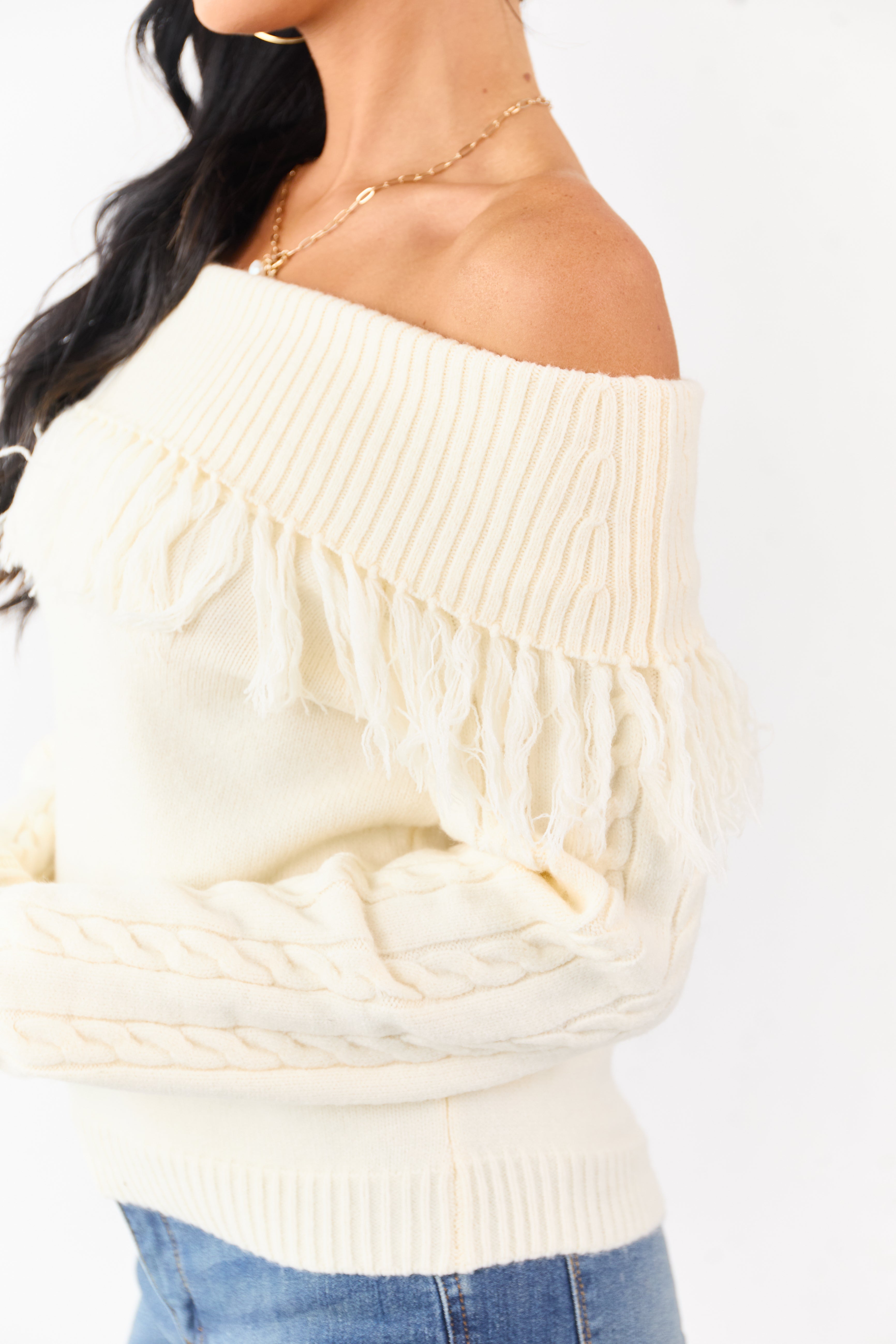 Cream Fold Over Fringe Neckline Off Shoulder Sweater