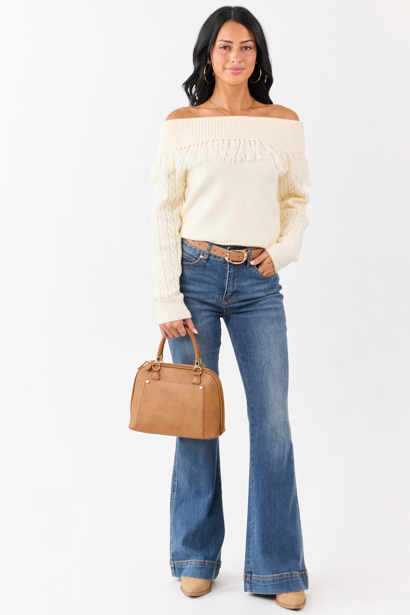Cream Fold Over Fringe Neckline Off Shoulder Sweater