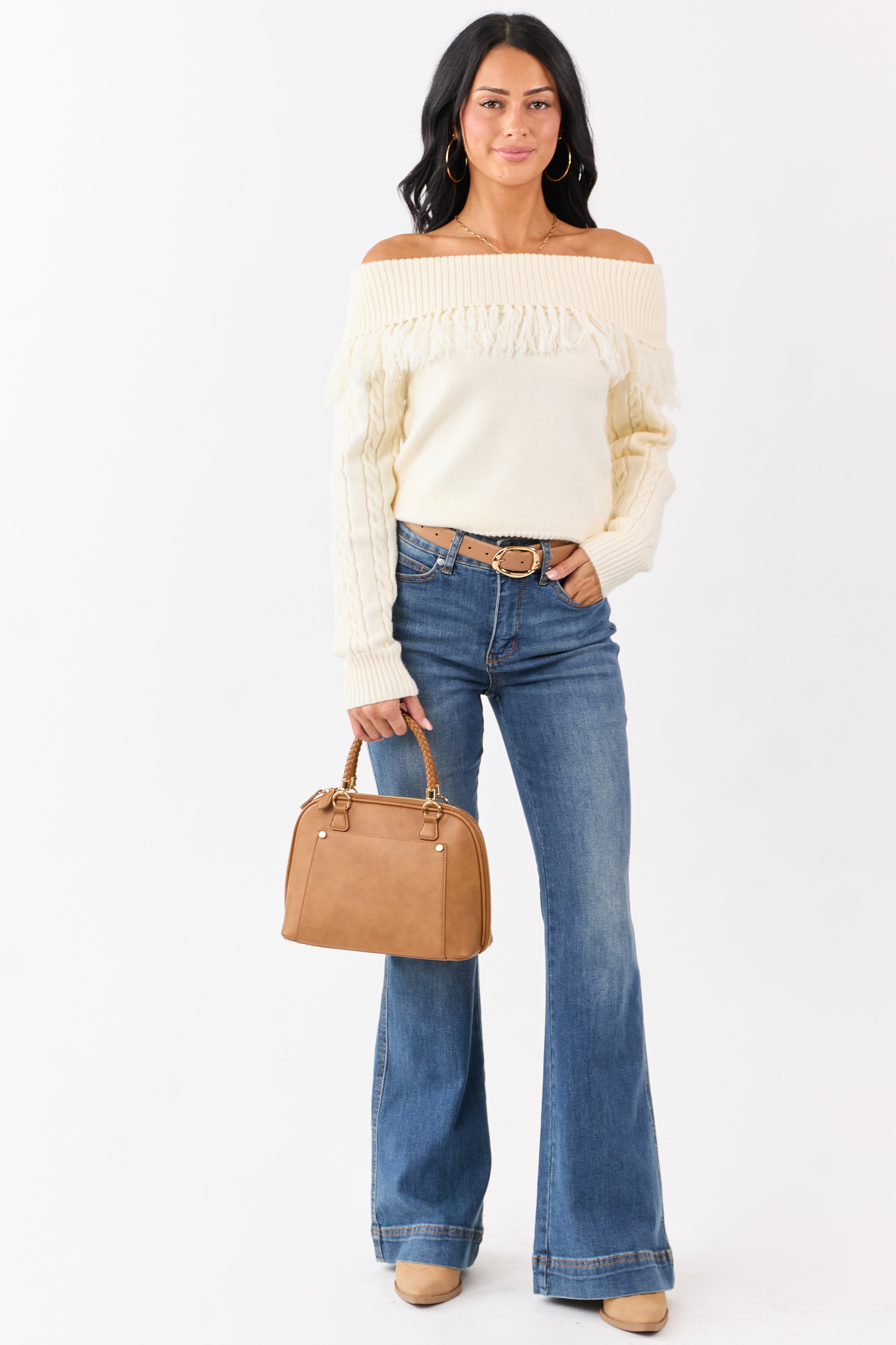 Cream Fold Over Fringe Neckline Off Shoulder Sweater