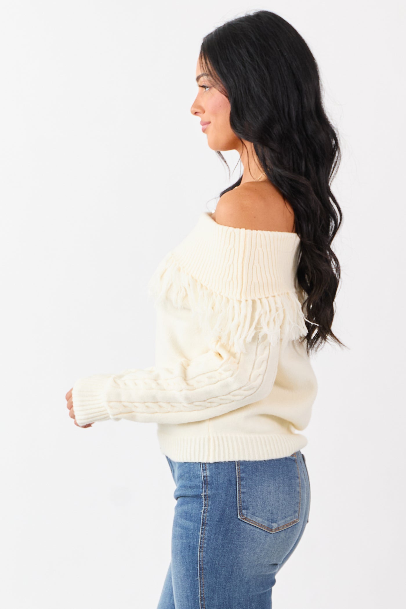 Cream Fold Over Fringe Neckline Off Shoulder Sweater