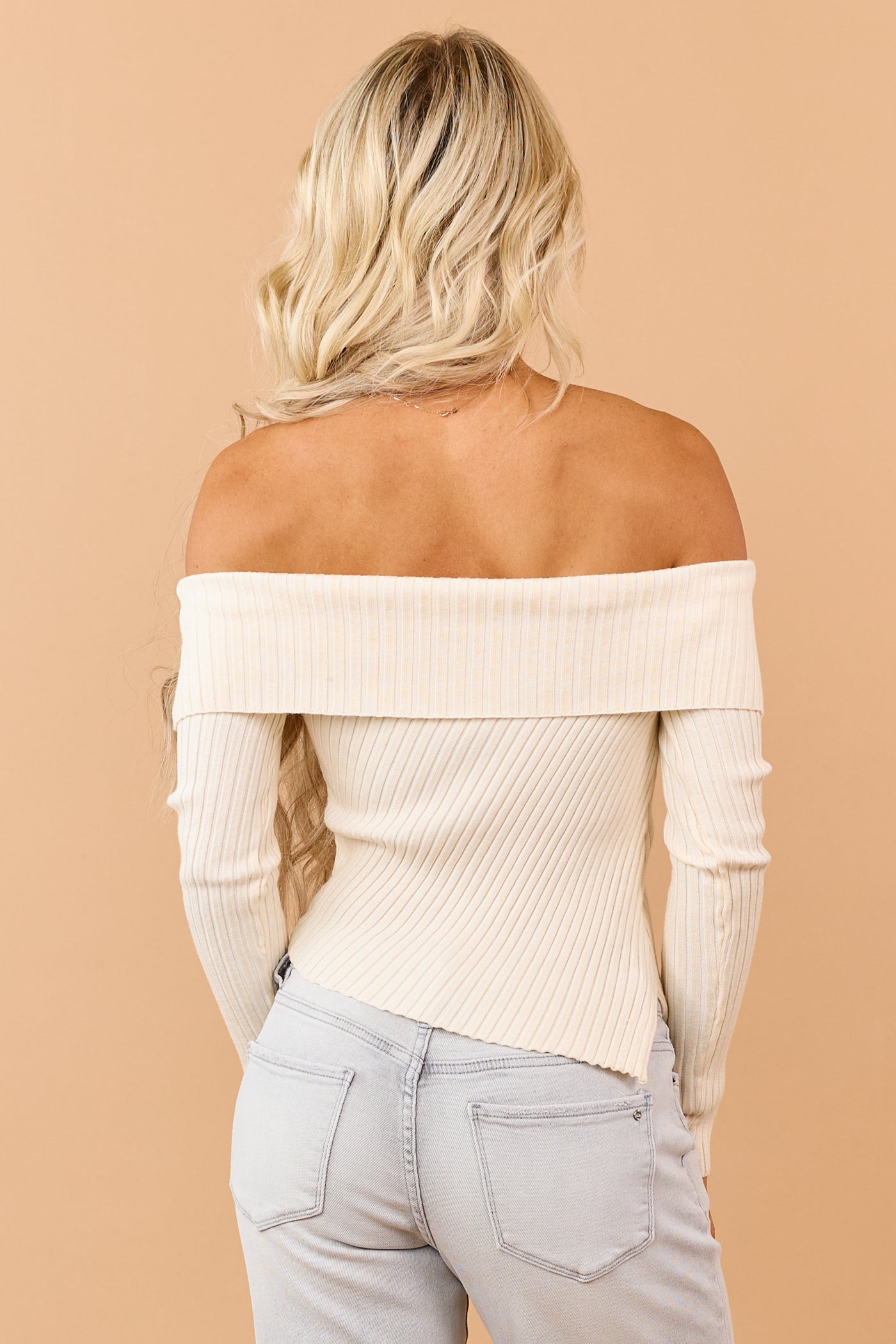 Cream Fold Over Off Shoulder Crop Sweater