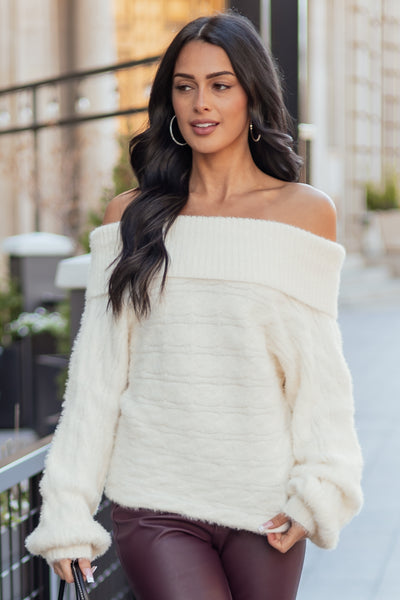 Cream Fold Over Off Shoulder Eyelash Knit Sweater