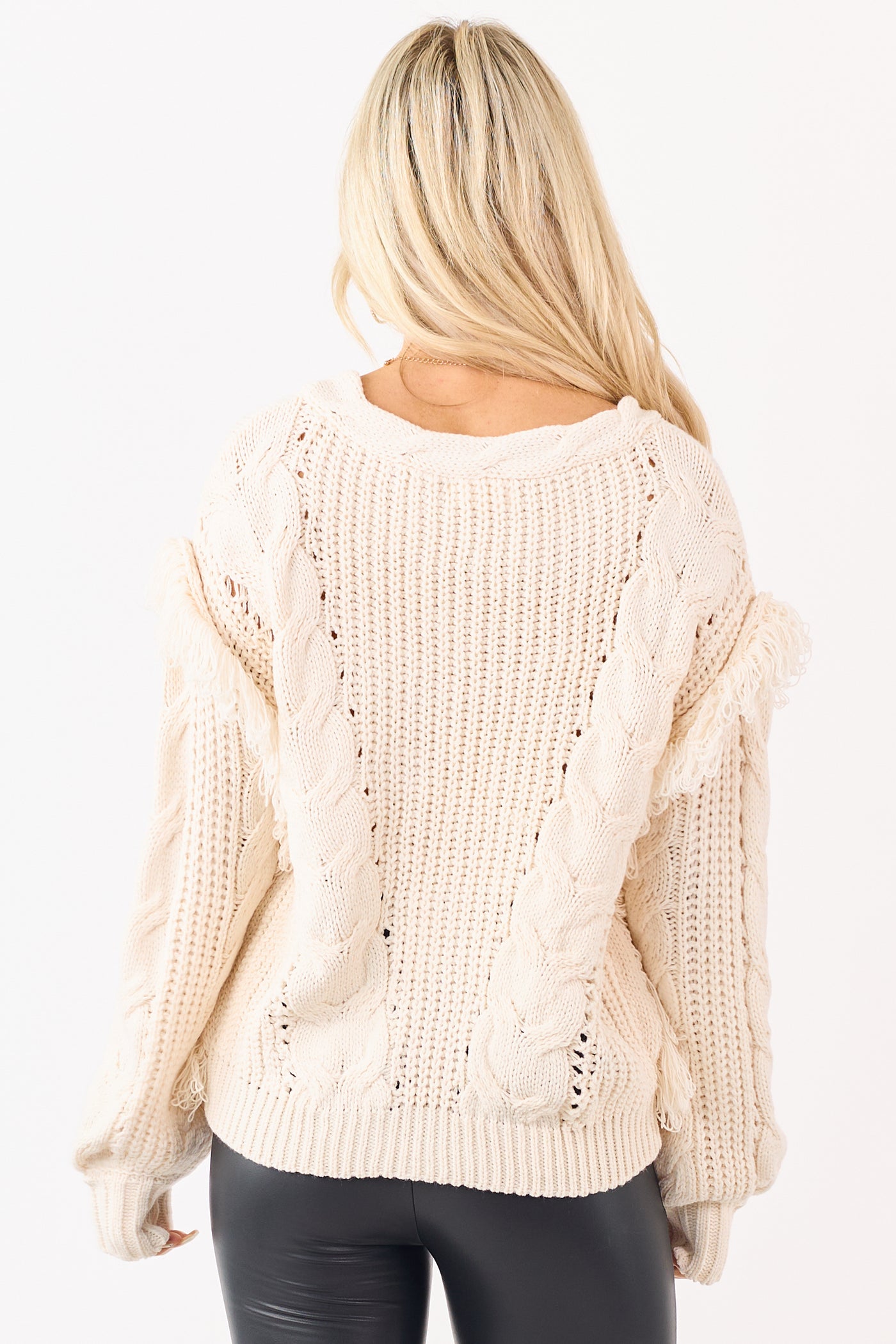 Cream Fringe Sleeve Cable Knit Pointelle Sweater